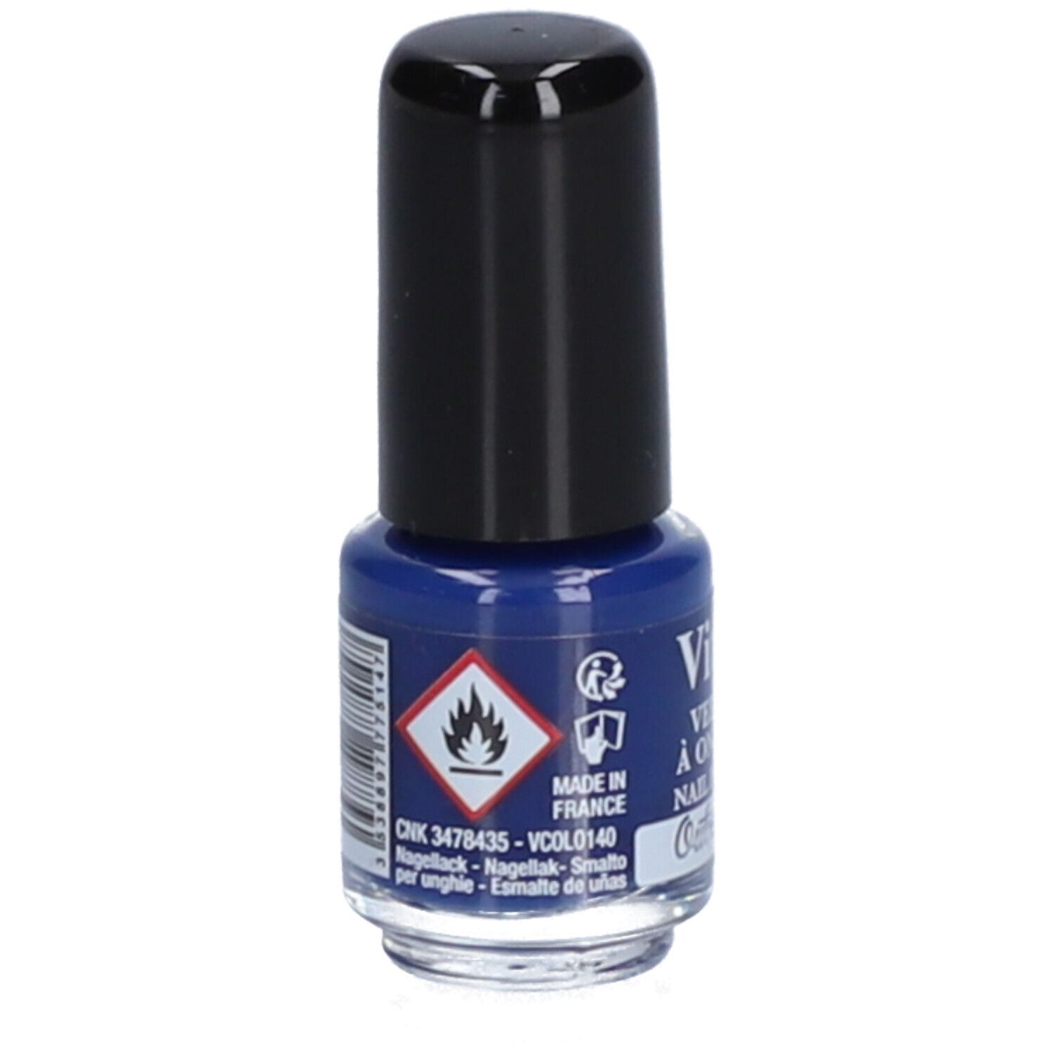 Blauwe nagellakfles met zwarte dop. Opschrift: Vitry, Vernis à Ongles, Nail Polish. Gevarensymbolen en barcode.