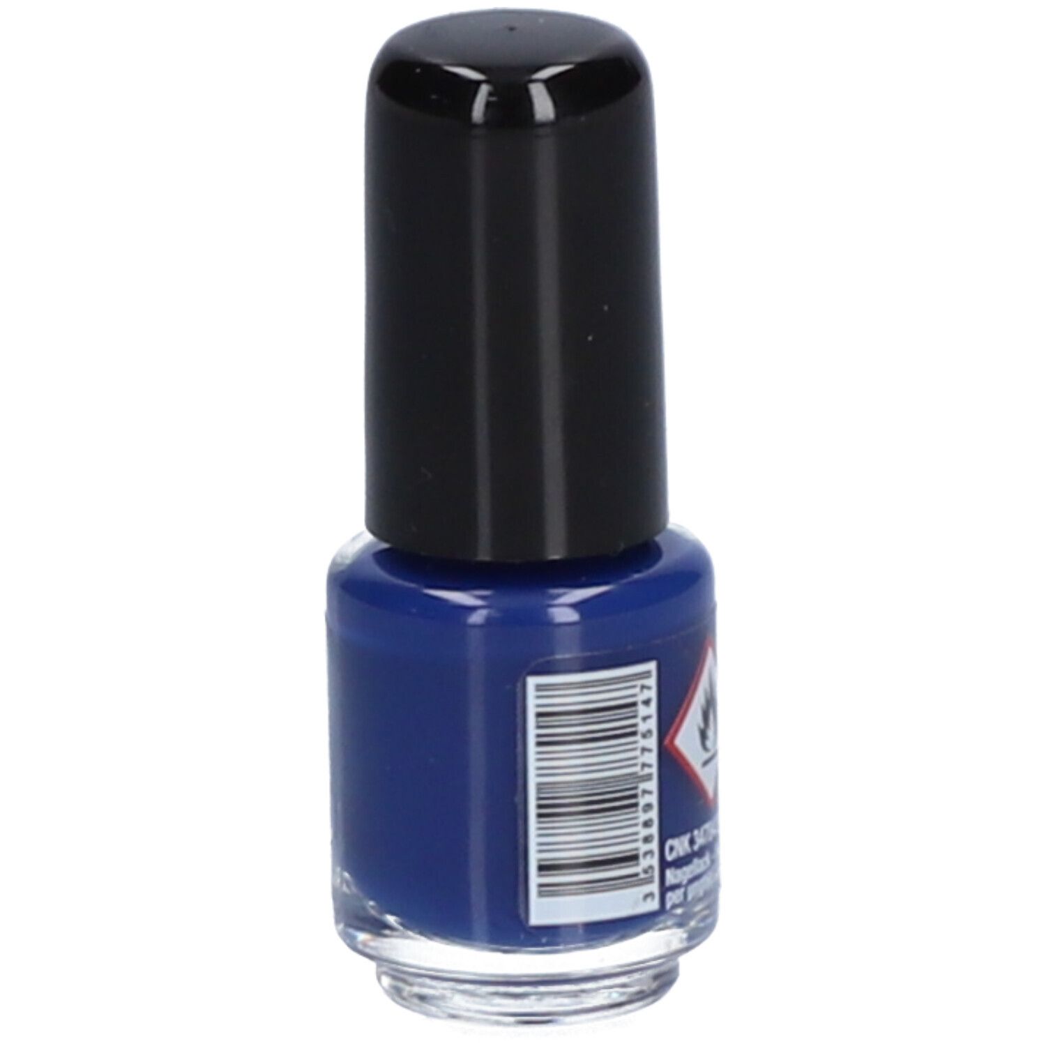 Blauwe nagellakfles met zwarte dop. Barcode en gevaarsymbool. Kleur van de nagellak.