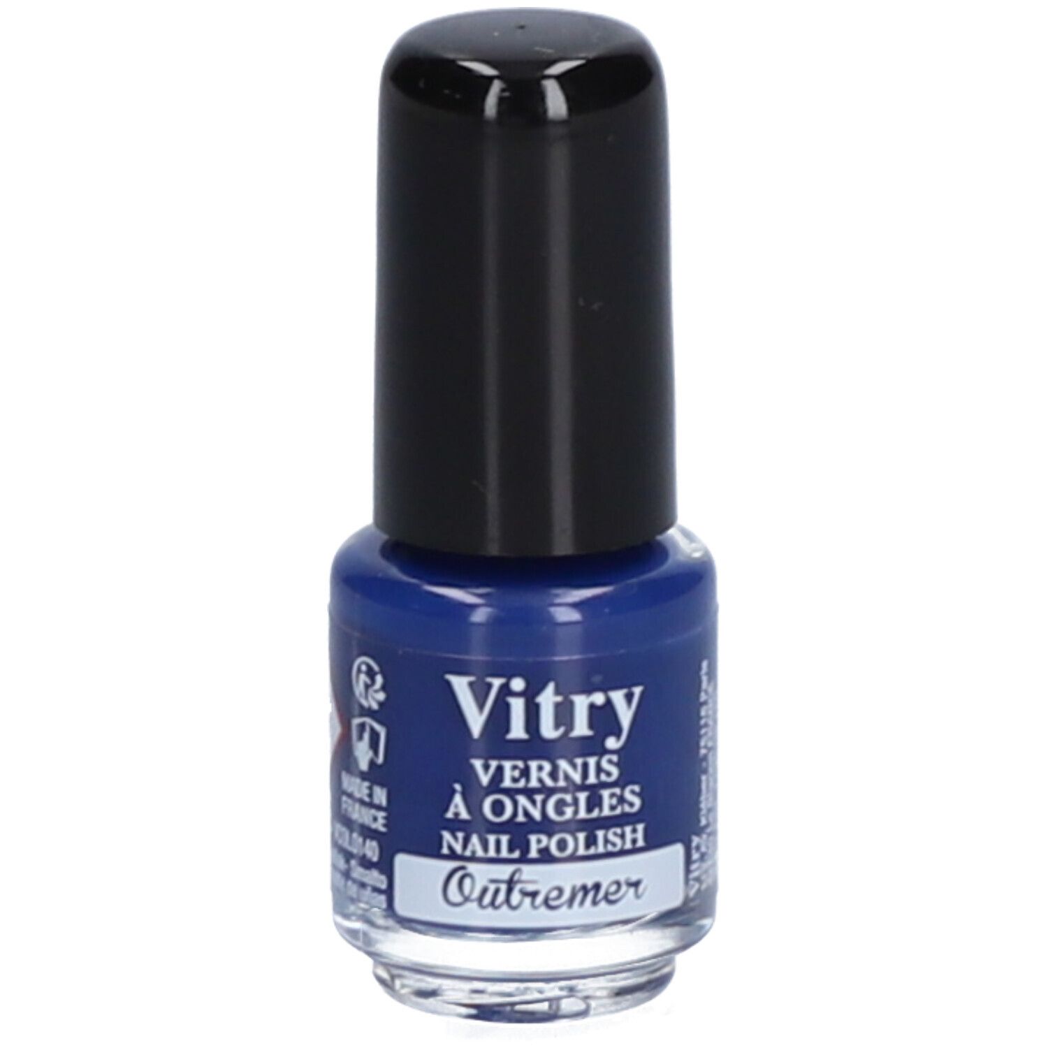 Blauwe nagellakfles met zwarte dop. Opschrift: Vitry, Vernis à Ongles, Nail Polish, Outremer. Met gevaarsymbool.