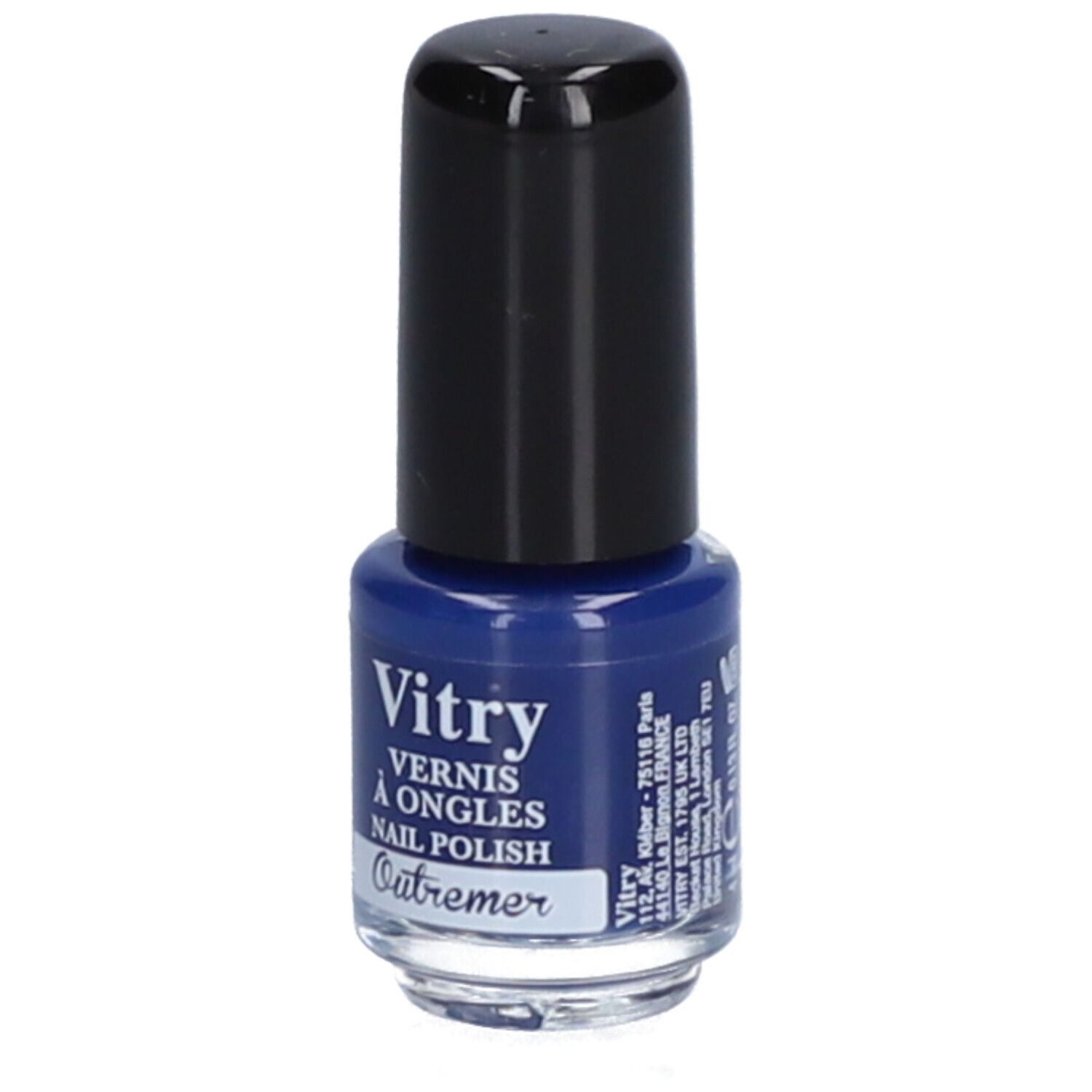 Blauwe nagellakfles met zwarte dop. Opschrift: Vitry, Vernis à Ongles, Nail Polish, Outremer. Tekst en logo.