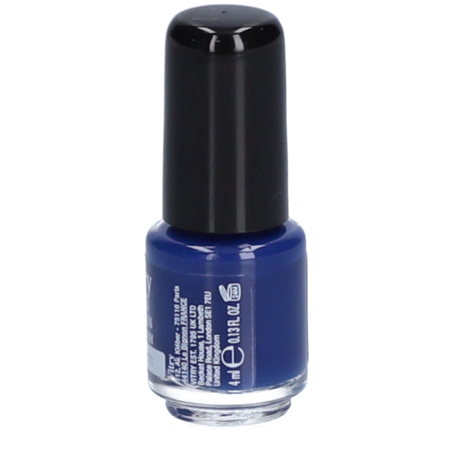 Blauwe nagellakfles met zwarte dop. Opschrift: Vitry, 4 ml. Tekst en logo. Met informatie.