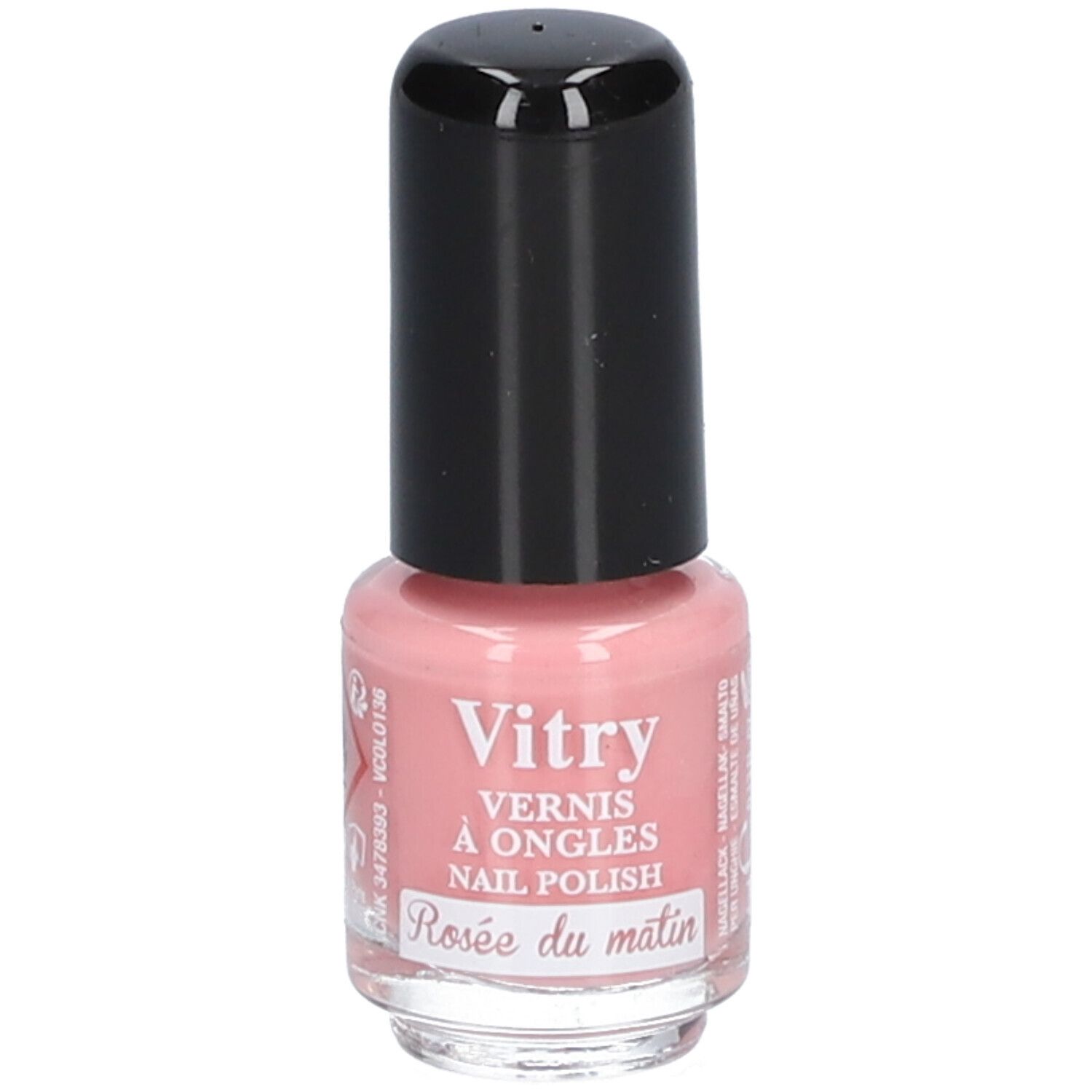 Roze nagellakflesje met zwarte dop. Opschrift: Vitry, Rosée du matin.