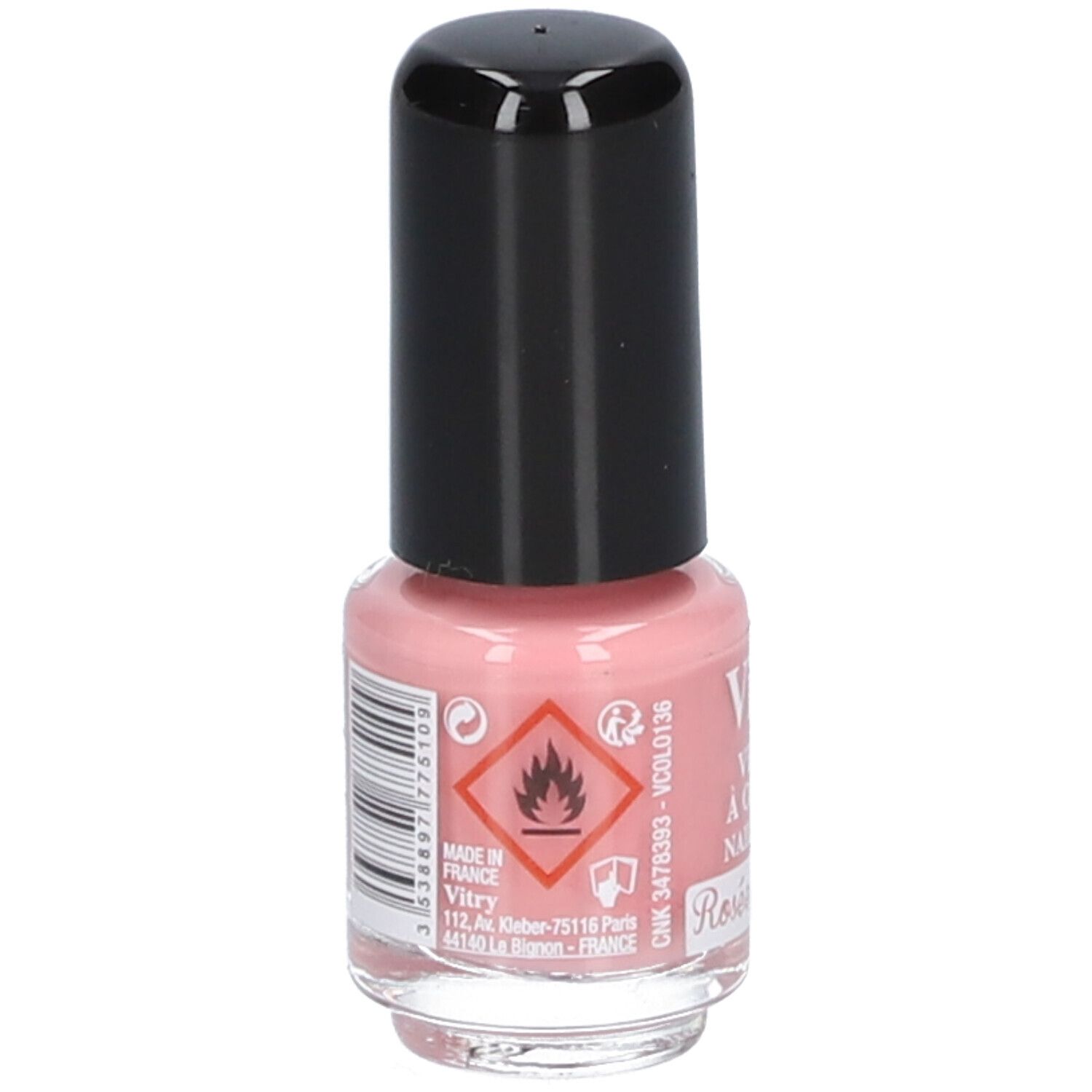 Roze nagellakflesje met zwarte dop. Opschrift: Vitry, Rosée du matin. Ontvlambaar symbool.