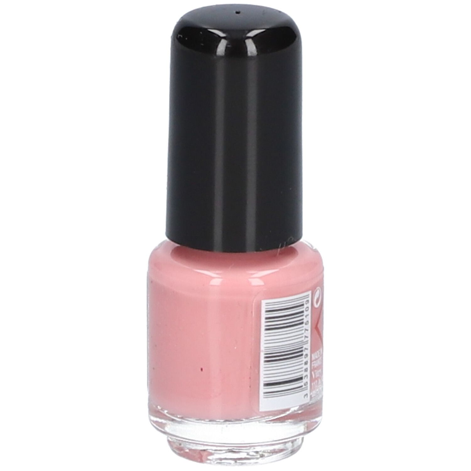 Roze nagellakflesje met zwarte dop. Opschrift: Vitry, Rosée du matin. Barcode.