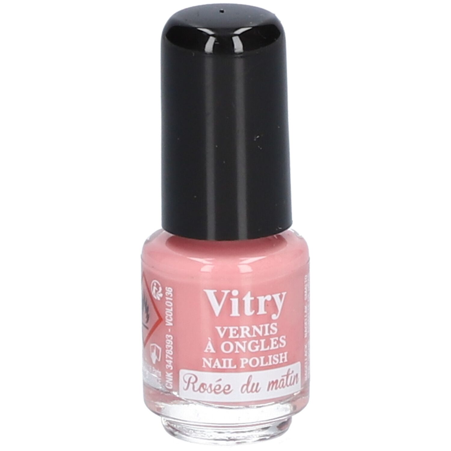 Roze nagellakflesje met zwarte dop. Opschrift: Vitry, Rosée du matin. Ontvlambaar symbool.