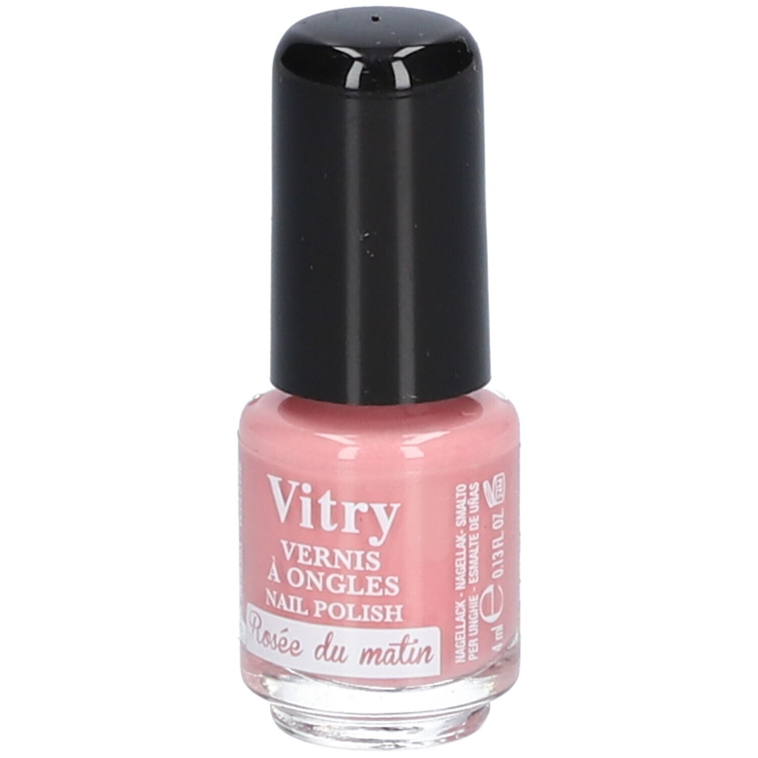 Roze nagellakflesje met zwarte dop. Opschrift: Vitry, Rosée du matin. Inhoud: 4 ml.