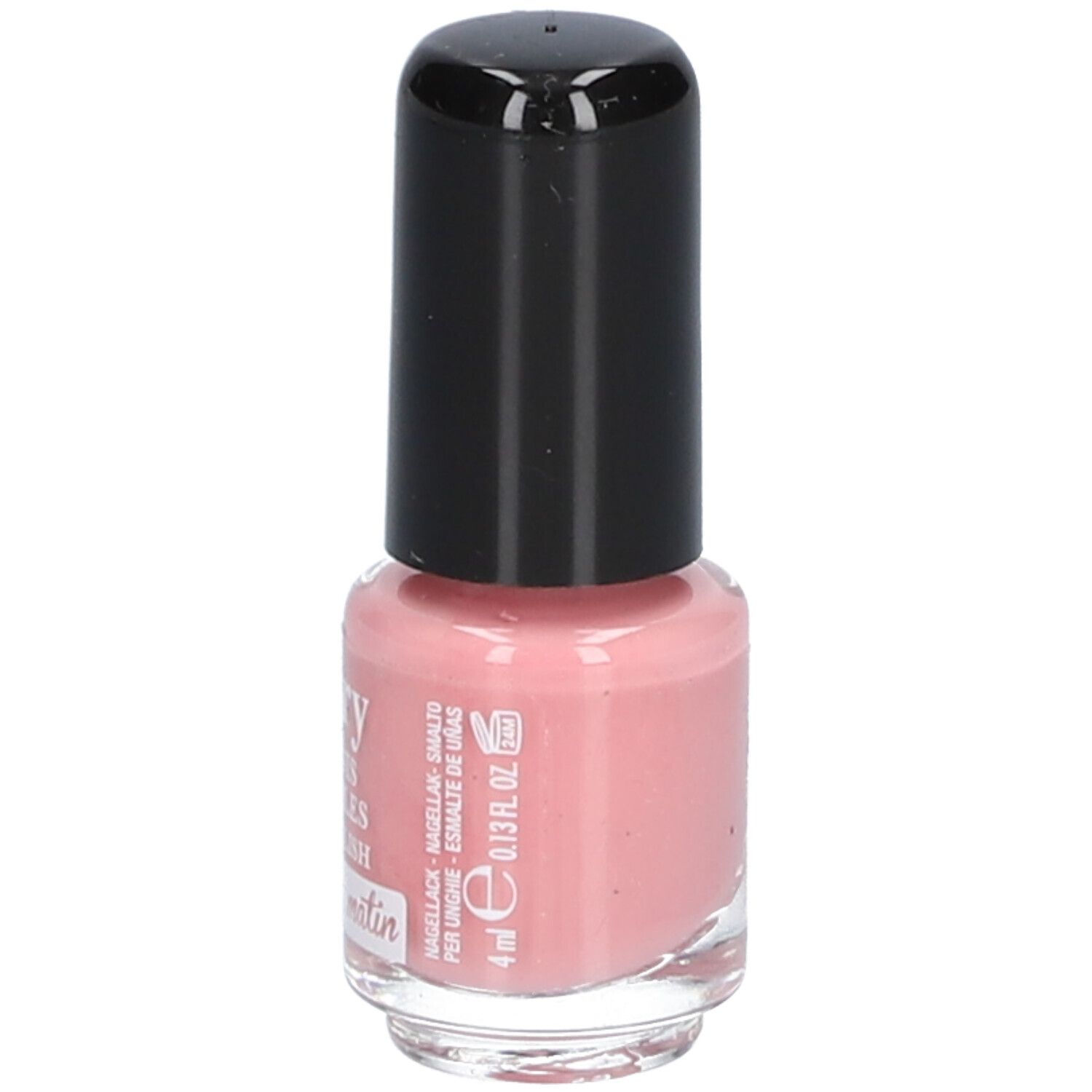 Roze nagellakflesje met zwarte dop. Opschrift: Vitry, Rosée du matin. Inhoud: 4 ml.