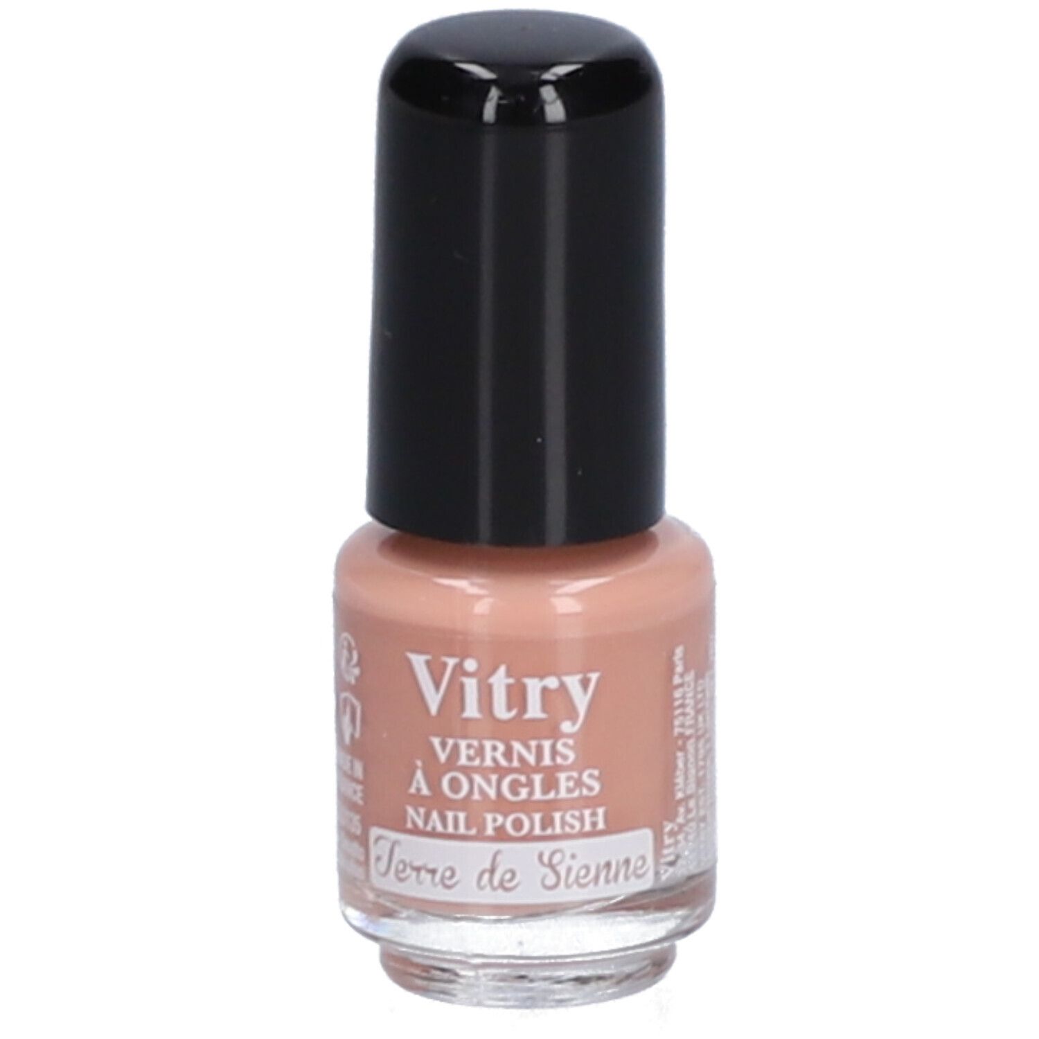 Nagellackflasche mit schwarzem Deckel. Aufschrift: Vitry, Vernis à Ongles, Nail Polish, Terre de Sienne.