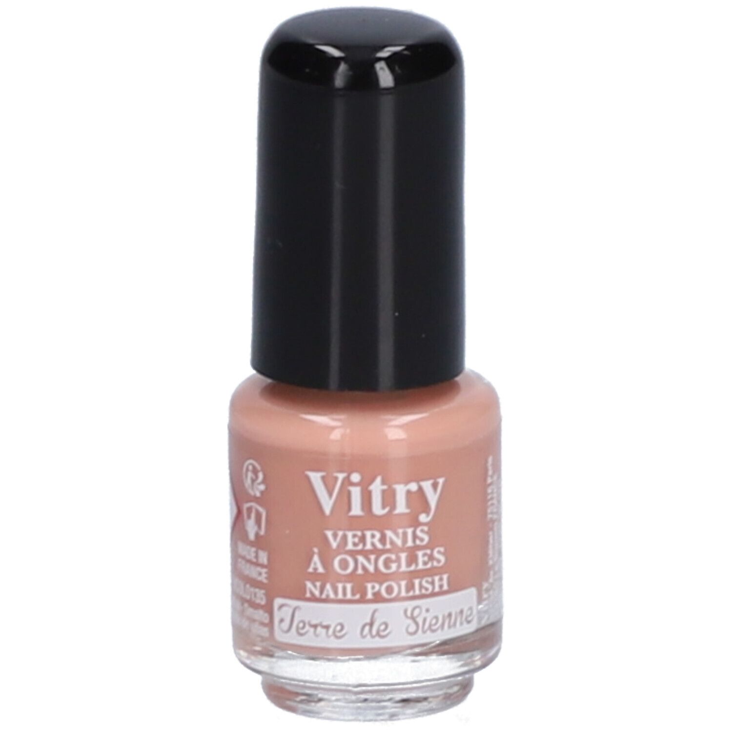 Nagellackflasche mit schwarzem Deckel. Aufschrift: Vitry, Vernis à Ongles, Nail Polish, Terre de Sienne. Mit Logo.