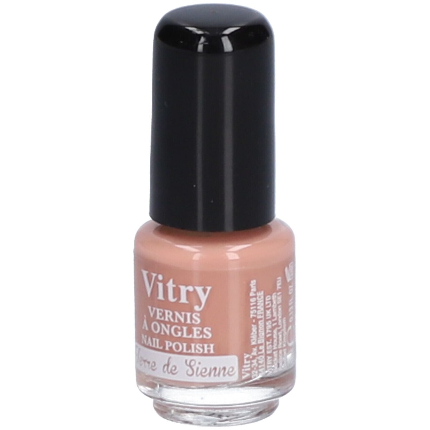 Nagellackflasche mit schwarzem Deckel. Aufschrift: Vitry, Vernis à Ongles, Nail Polish, Terre de Sienne. Mit Text.