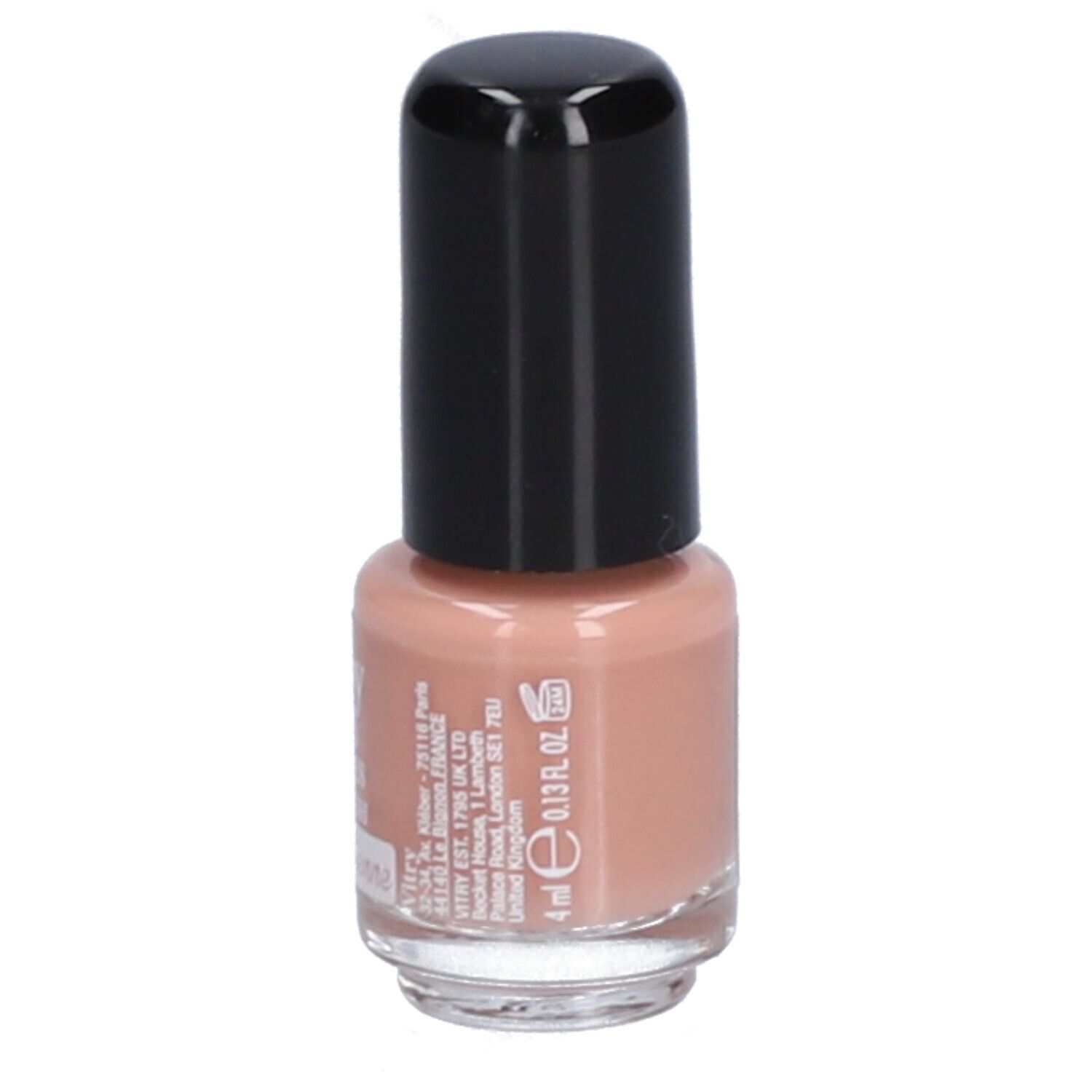 Nagellackflasche mit schwarzem Deckel. Aufschrift: Vitry, Terre de Sienne. Volumen: 4 ml, 0.13 fl oz.