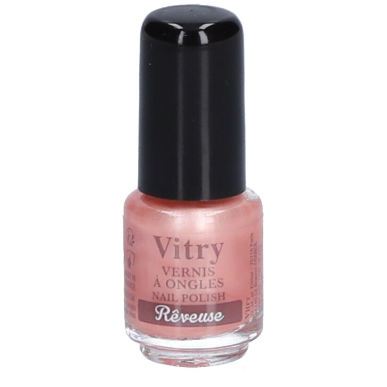 Flacon de vernis à ongles rose avec bouchon noir. Inscription: Vitry, Vernis à Ongles, Nail Polish, Rêveuse.