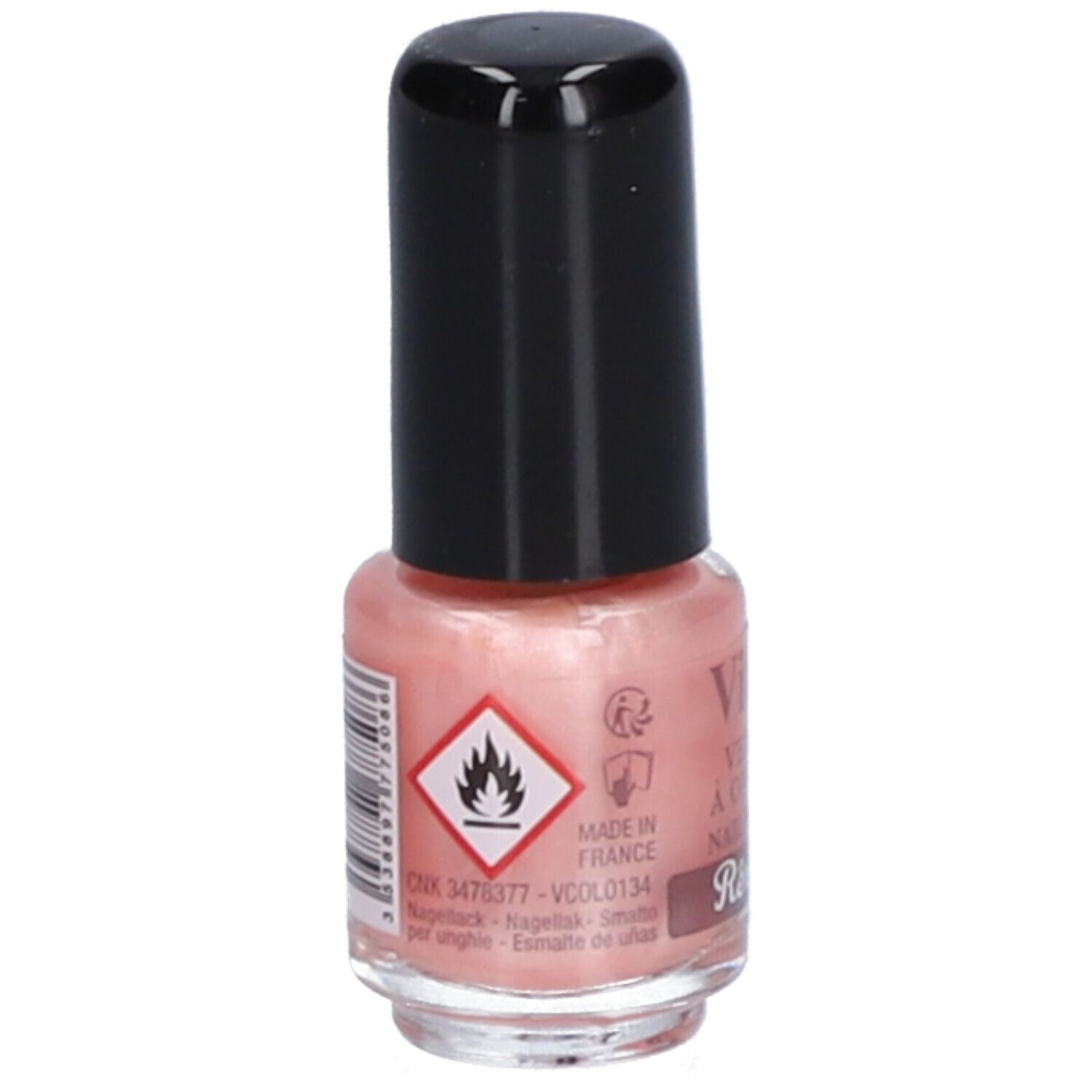 Flacon de vernis à ongles rose avec bouchon noir. Inscription: Vitry, Vernis à Ongles, Nail Polish, Rêveuse. Symbole de danger.
