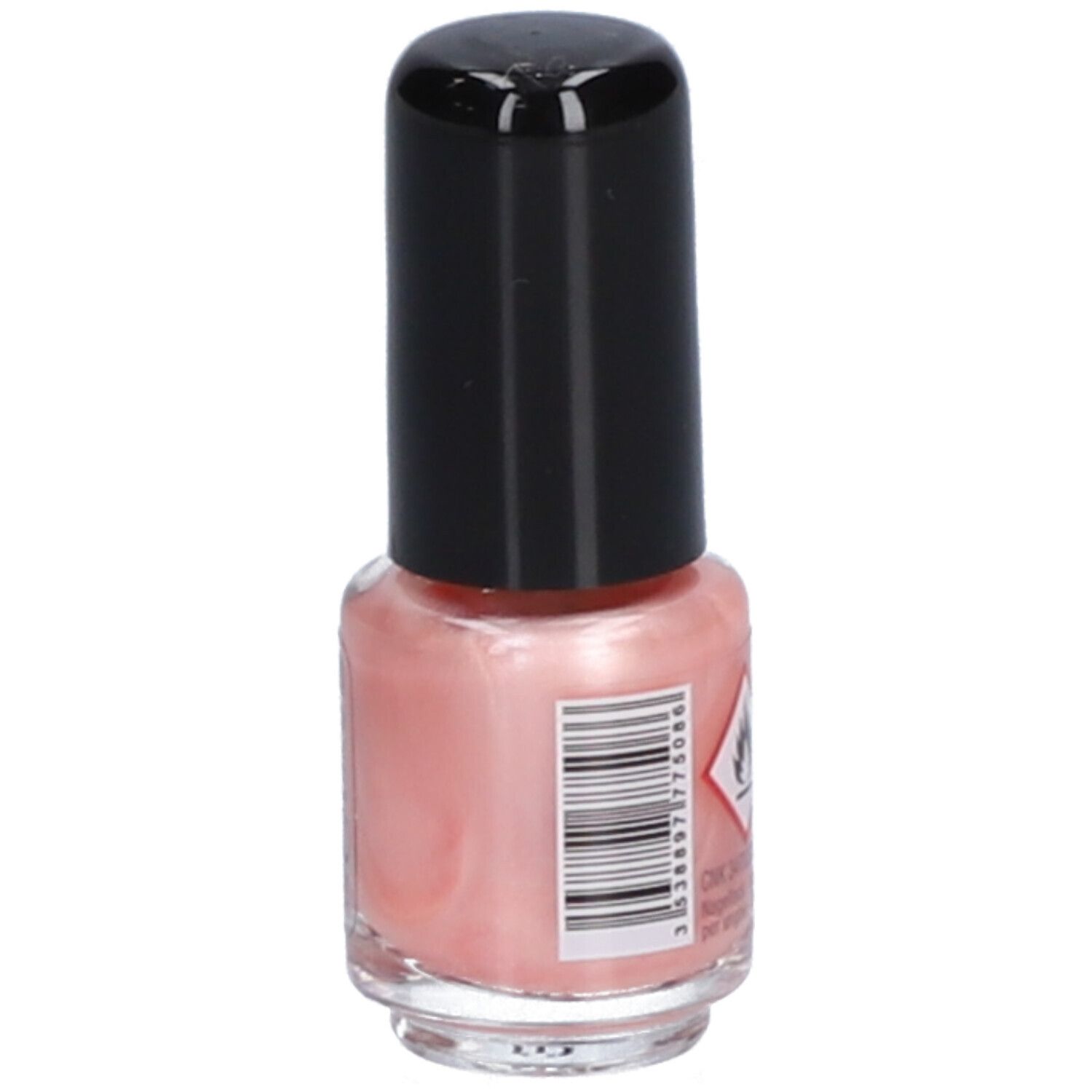 Flacon de vernis à ongles rose avec bouchon noir. Inscription: Vitry, Vernis à Ongles, Nail Polish. Code-barres.
