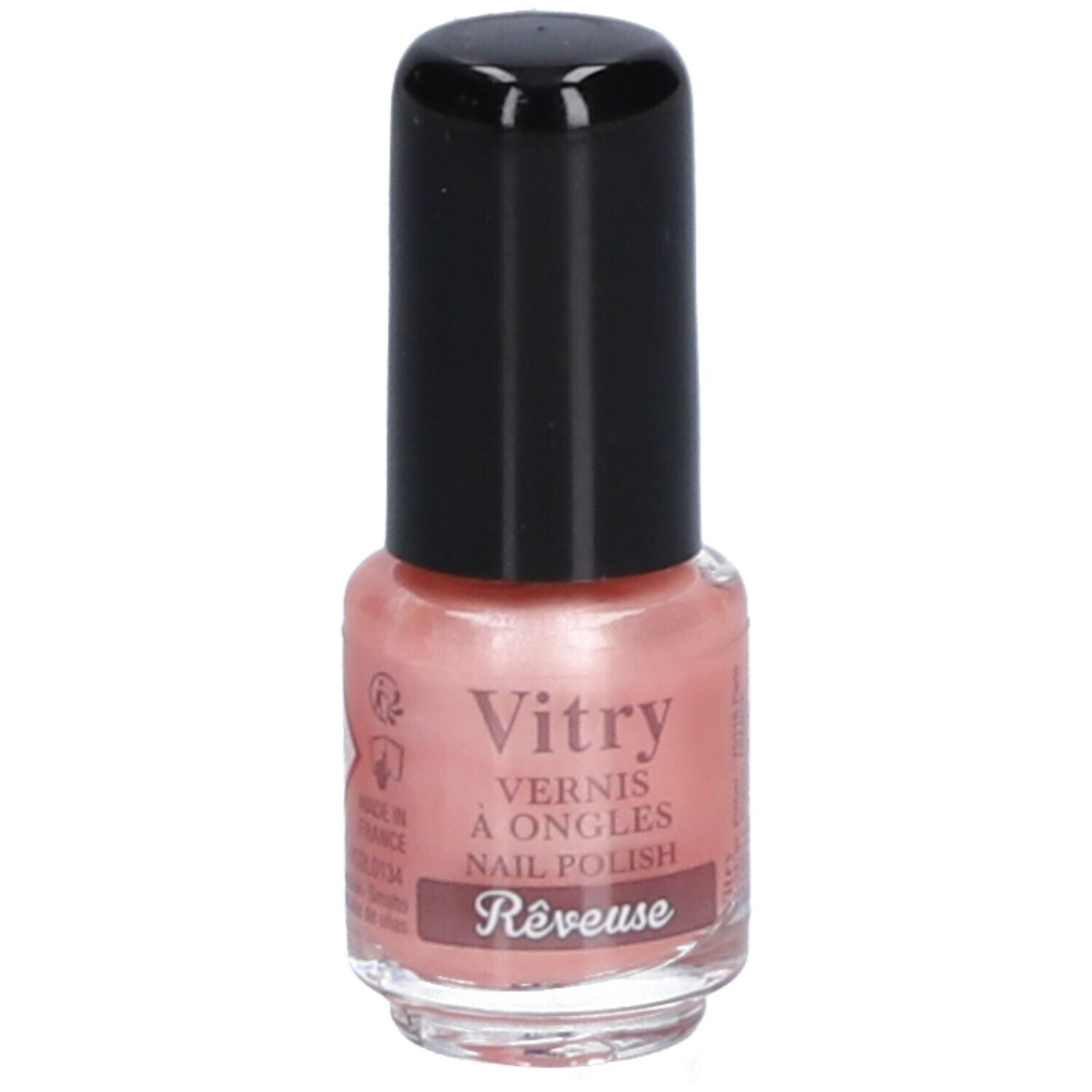 Flacon de vernis à ongles rose avec bouchon noir. Inscription: Vitry, Vernis à Ongles, Nail Polish, Rêveuse. Pictogramme.