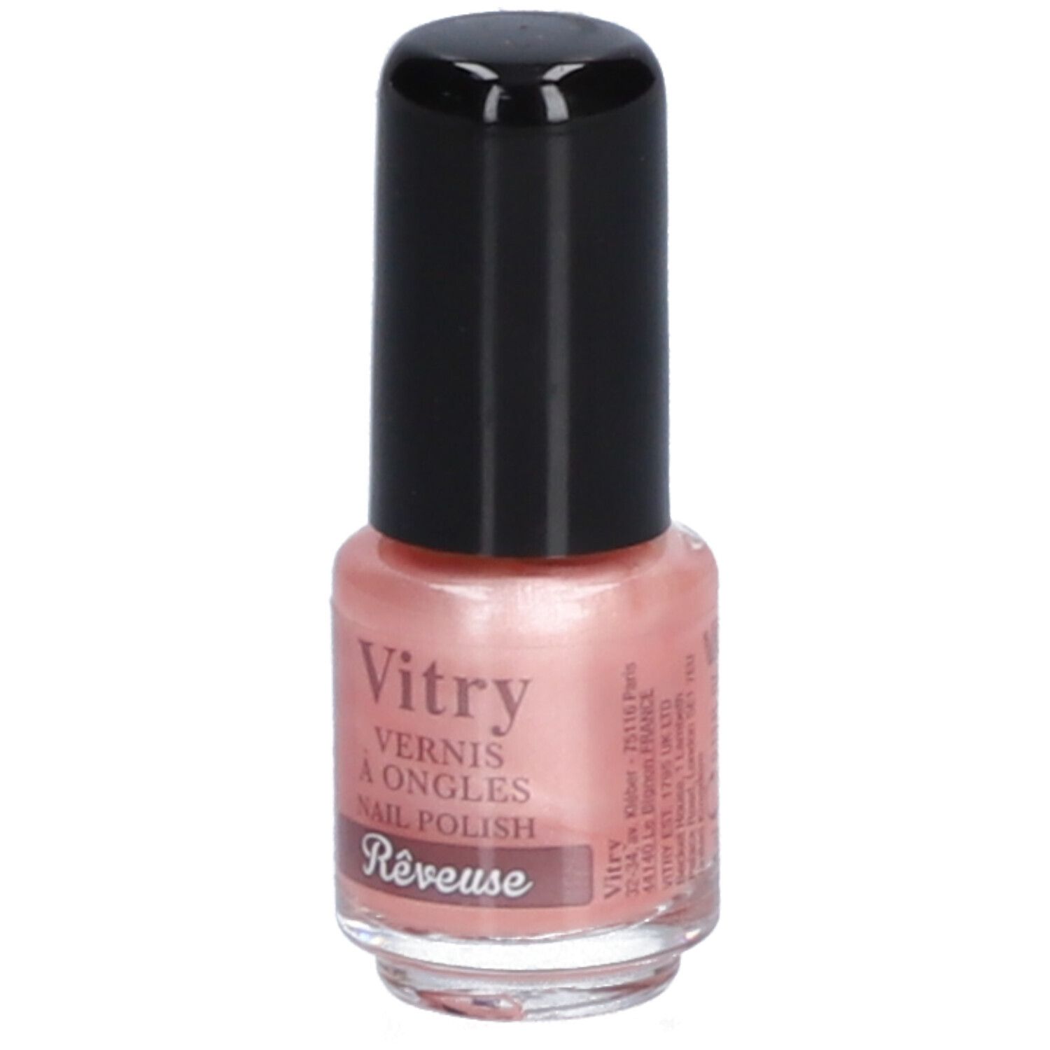 Flacon de vernis à ongles rose avec bouchon noir. Inscription: Vitry, Vernis à Ongles, Nail Polish, Rêveuse. Informations fabricant.