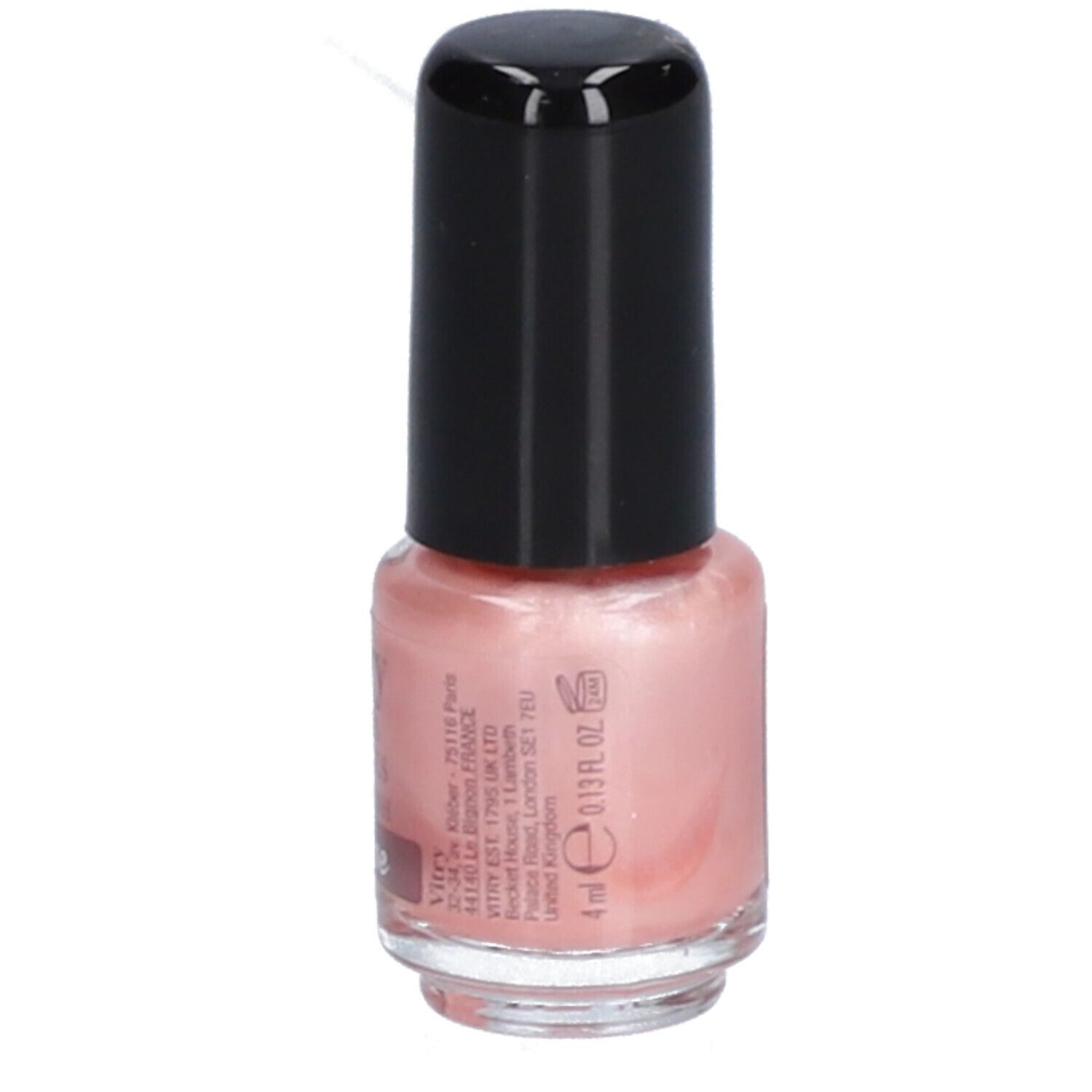 Flacon de vernis à ongles rose avec bouchon noir. Inscription: Vitry, Vernis à Ongles, Nail Polish. Volume: 4 ml.