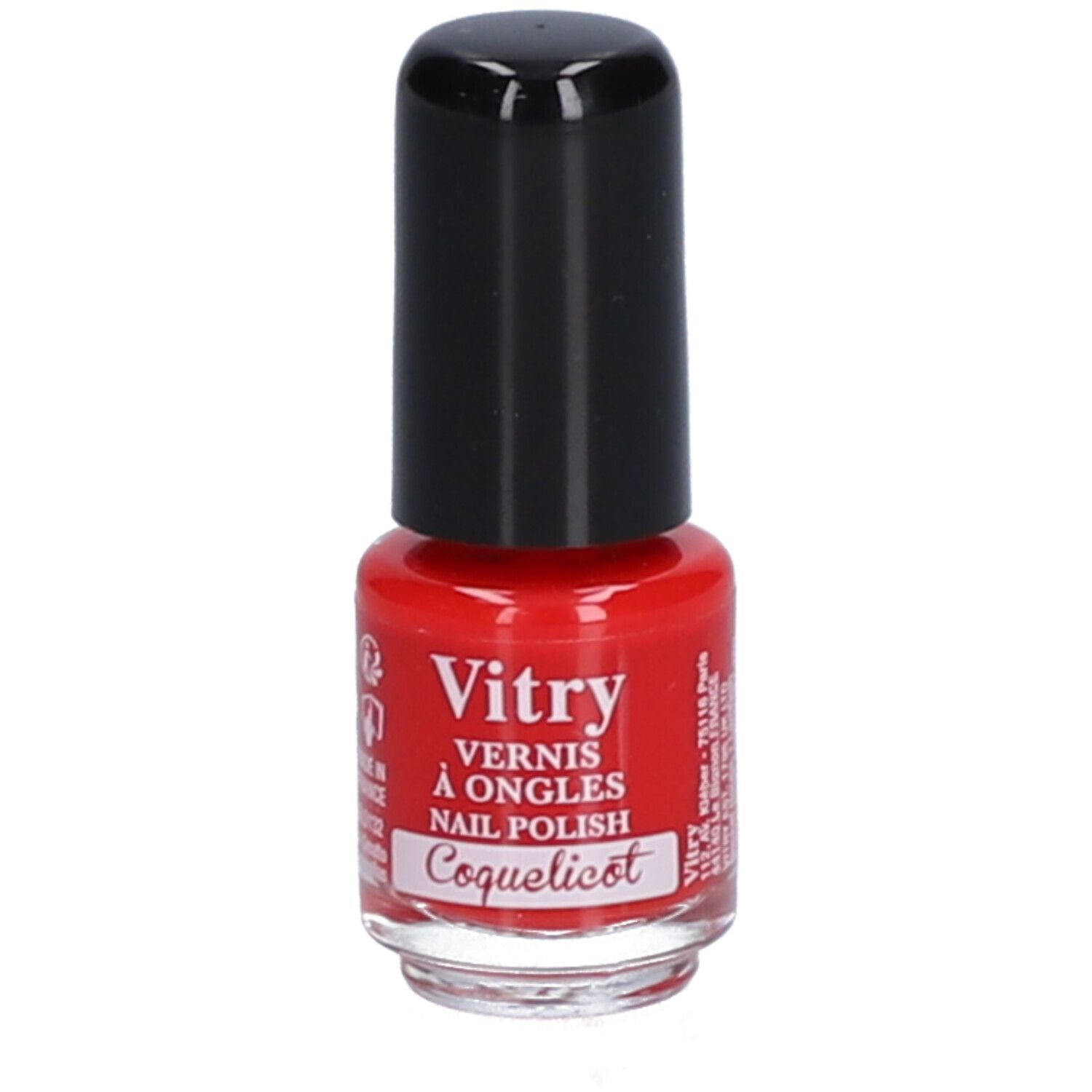 Flacon de vernis à ongles rouge avec bouchon noir. Inscription : Vitry, Vernis à Ongles, Nail Polish, Coquelicot.