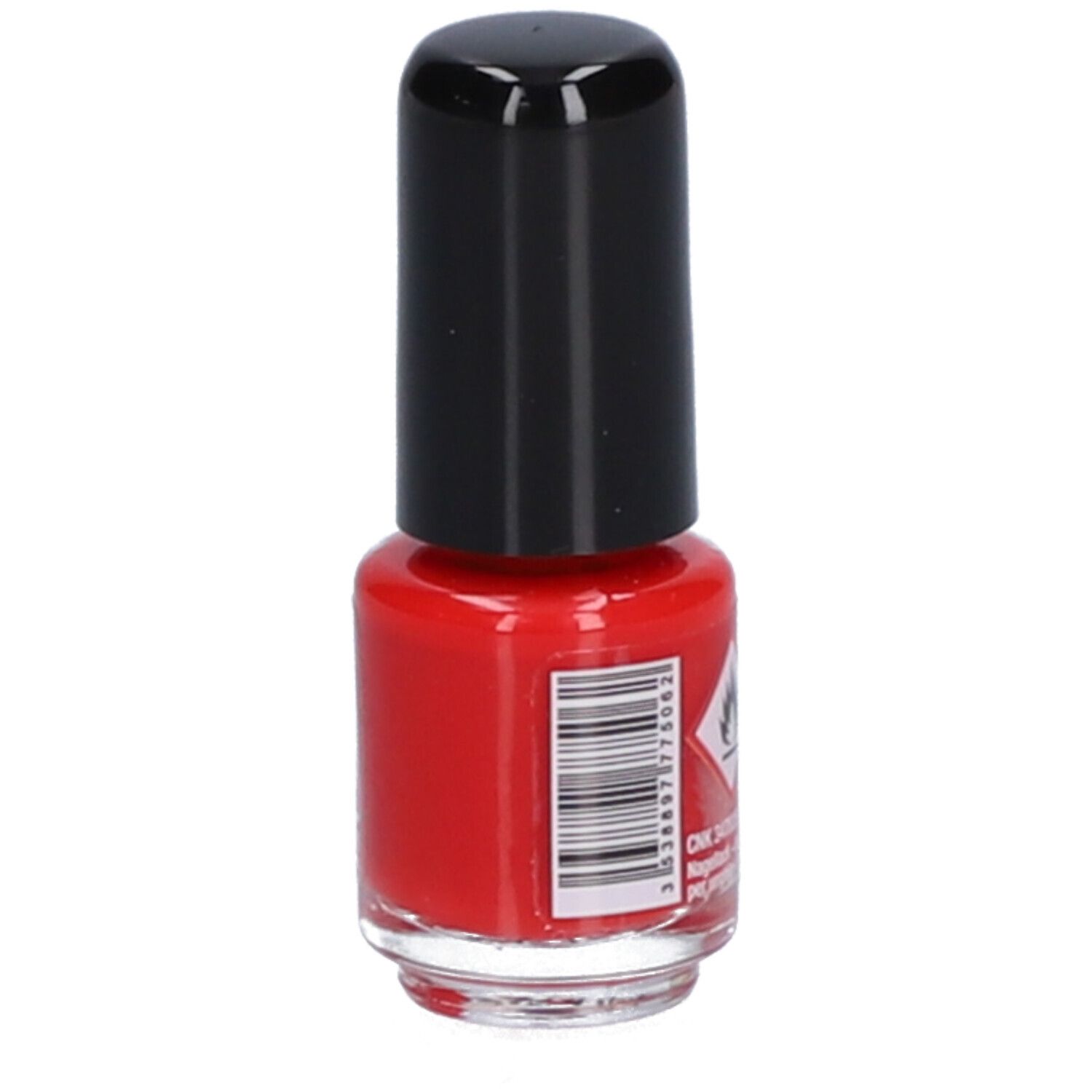 Flacon de vernis à ongles rouge avec bouchon noir. Dos avec code-barres et symboles d'avertissement.