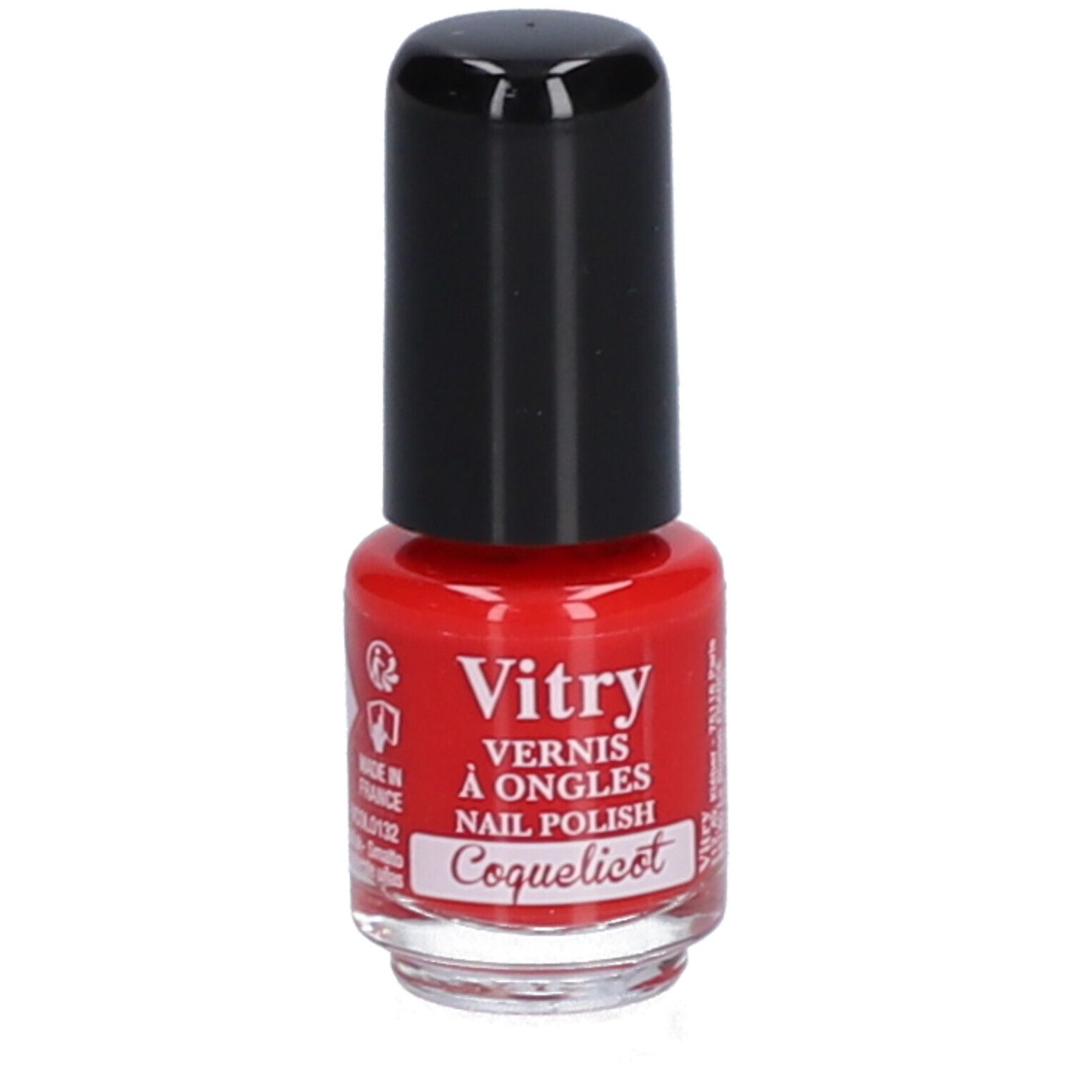 Flacon de vernis à ongles rouge avec bouchon noir. Inscription : Vitry, Vernis à Ongles, Nail Polish, Coquelicot.