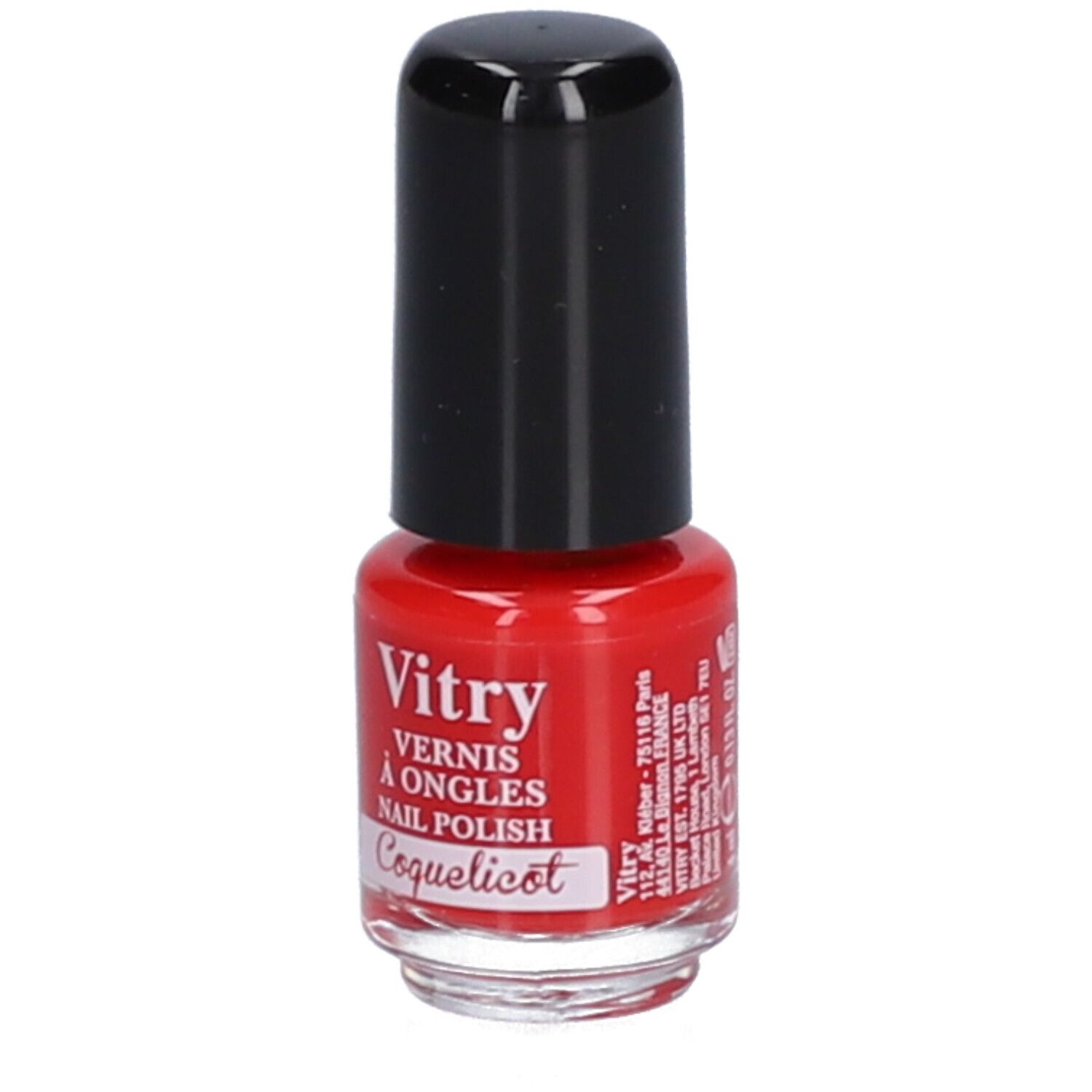 Flacon de vernis à ongles rouge avec bouchon noir. Inscription : Vitry, Vernis à Ongles, Nail Polish, Coquelicot.
