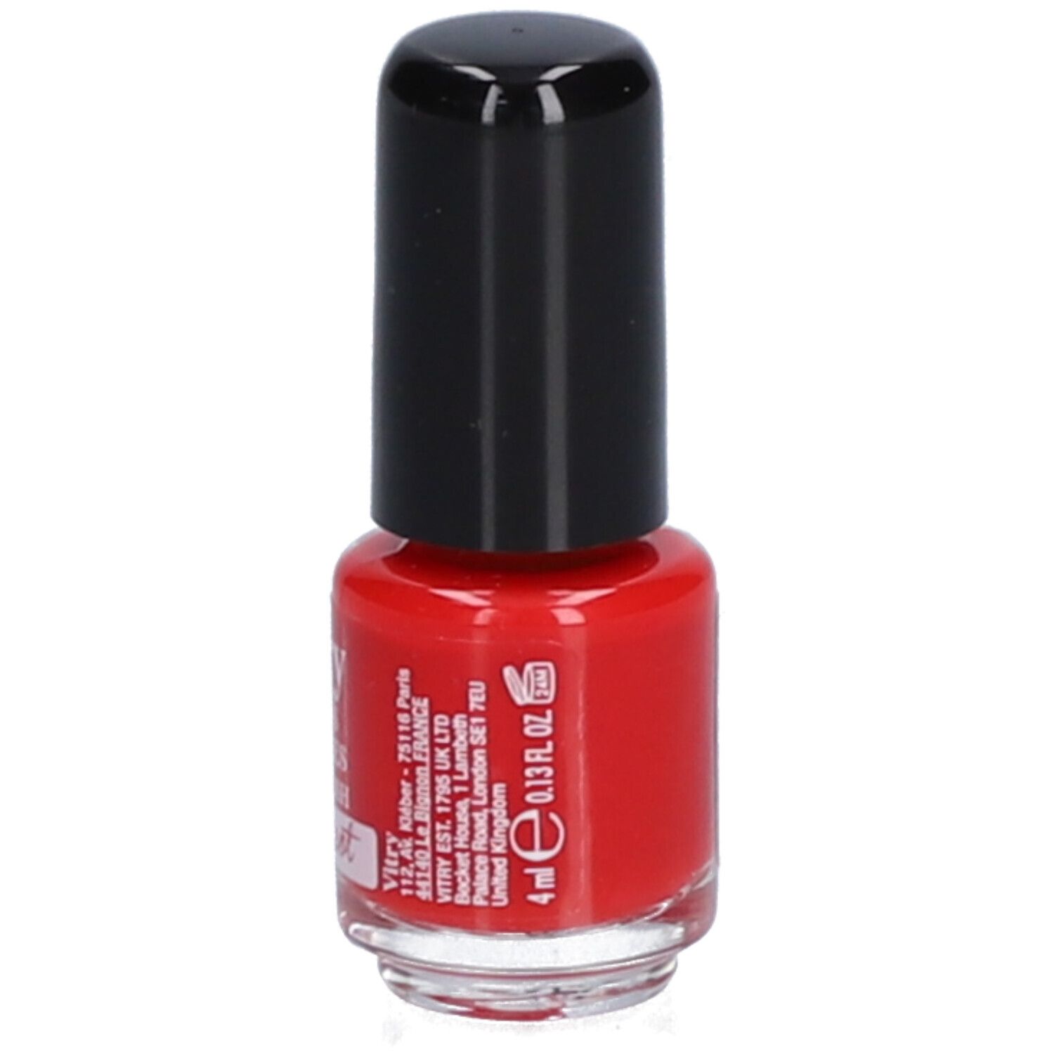 Flacon de vernis à ongles rouge avec bouchon noir. Inscription : Vitry, 4 ml, 0.13 fl. oz.