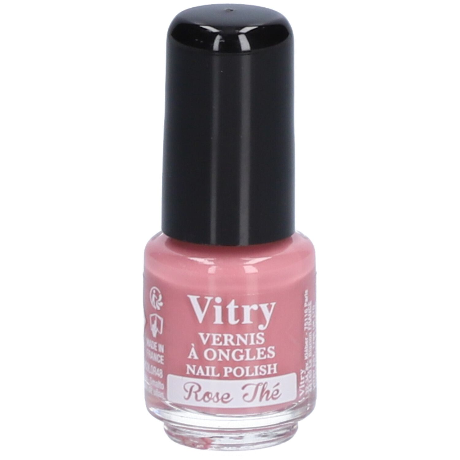 Flacon de vernis à ongles rose avec bouchon noir. Inscription: Vitry, Rose Thé.