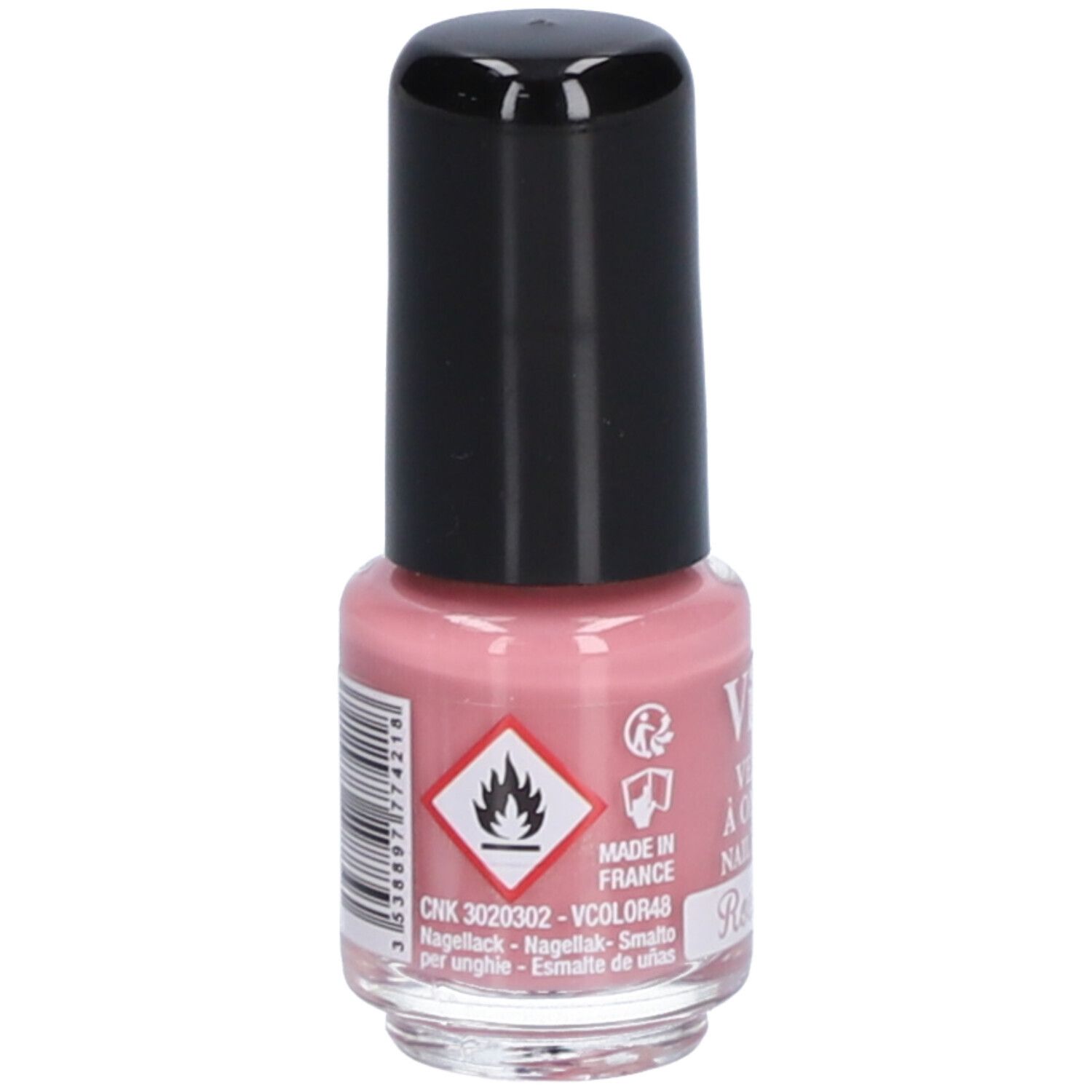 Flacon de vernis à ongles rose avec bouchon noir. Inscription: Vitry, Rose Thé. Symbole de danger.