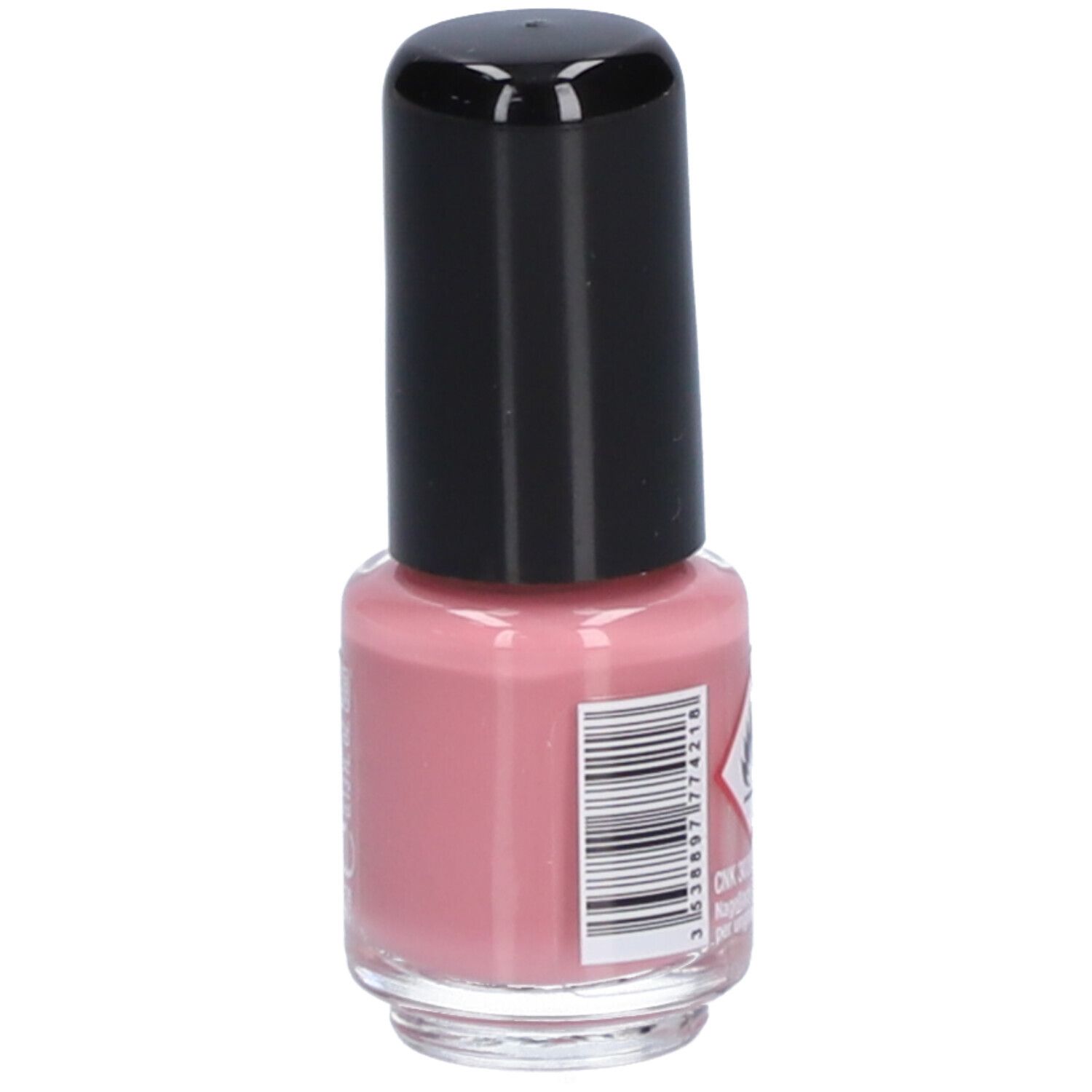 Flacon de vernis à ongles rose avec bouchon noir. Code-barres et symbole de danger.