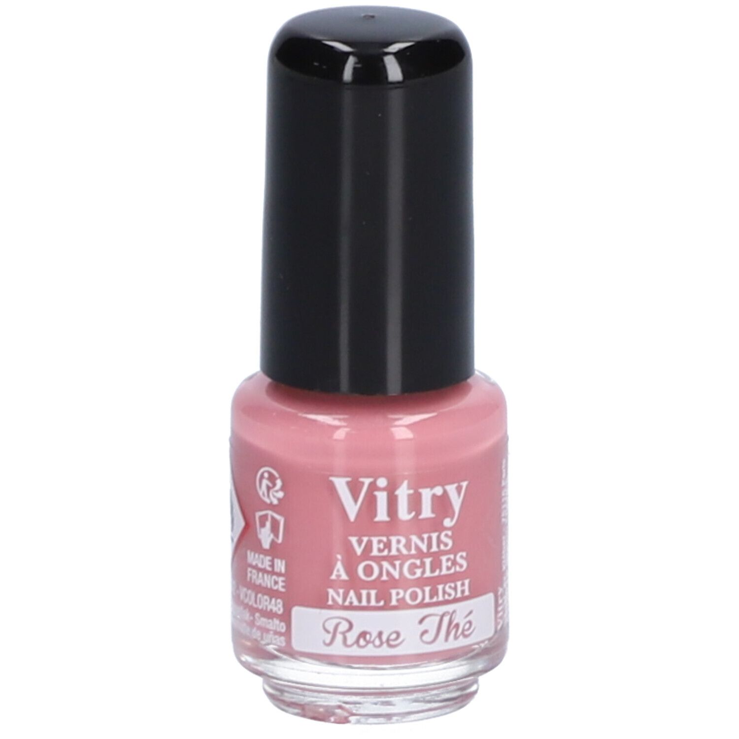 Flacon de vernis à ongles rose avec bouchon noir. Inscription: Vitry, Rose Thé.