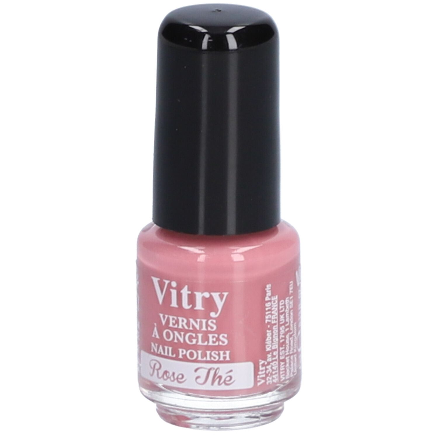 Flacon de vernis à ongles rose avec bouchon noir. Inscription: Vitry, Rose Thé.