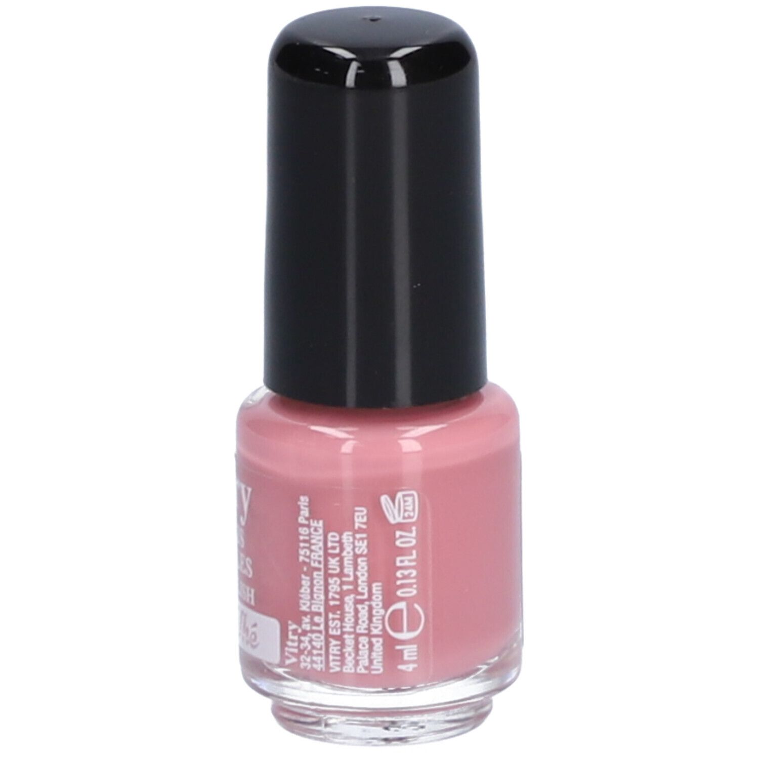 Flacon de vernis à ongles rose avec bouchon noir. Inscription: Vitry, 4ml.