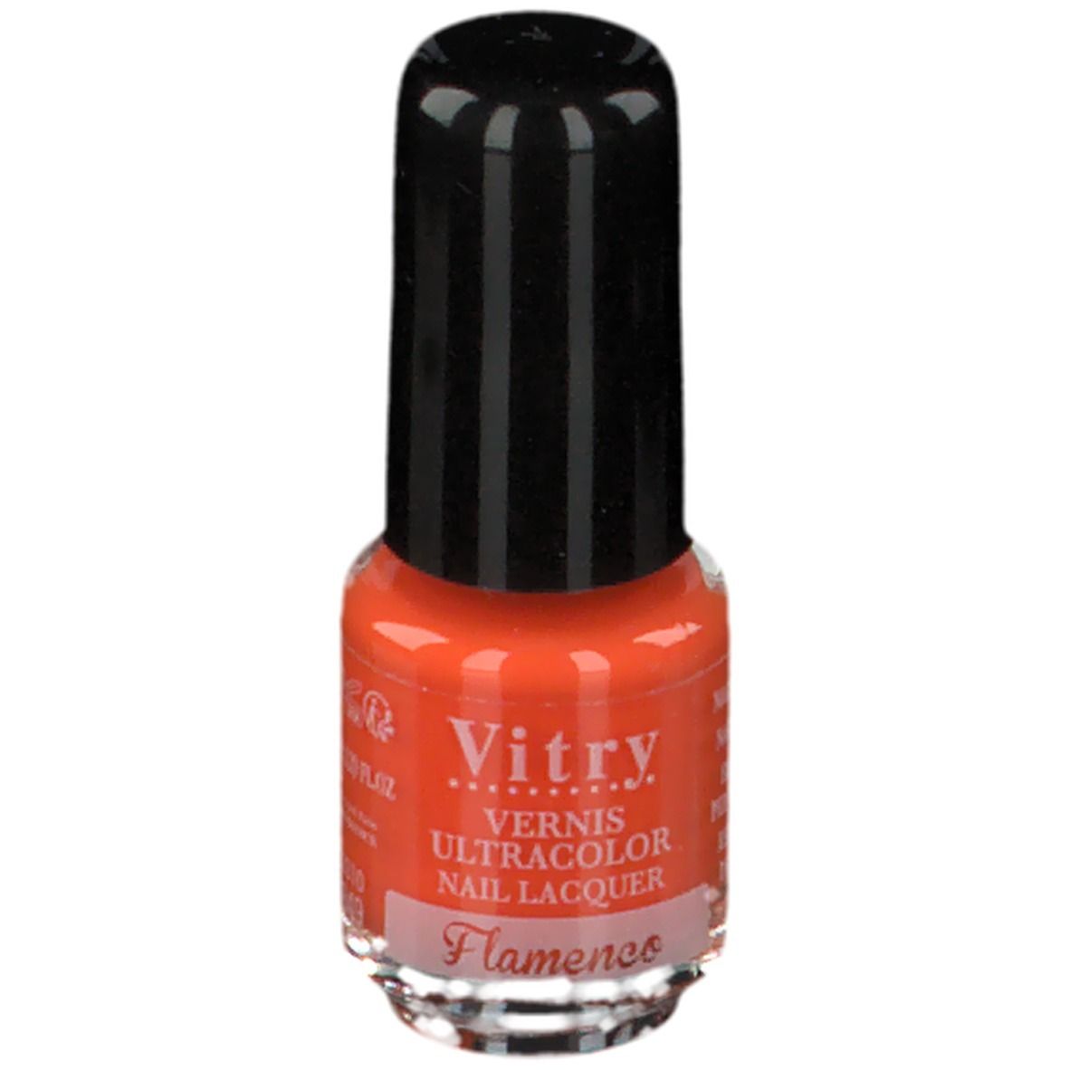 Flacon de vernis à ongles orange. Bouchon noir, base transparente. Inscriptions: Vitry, Flamenco.