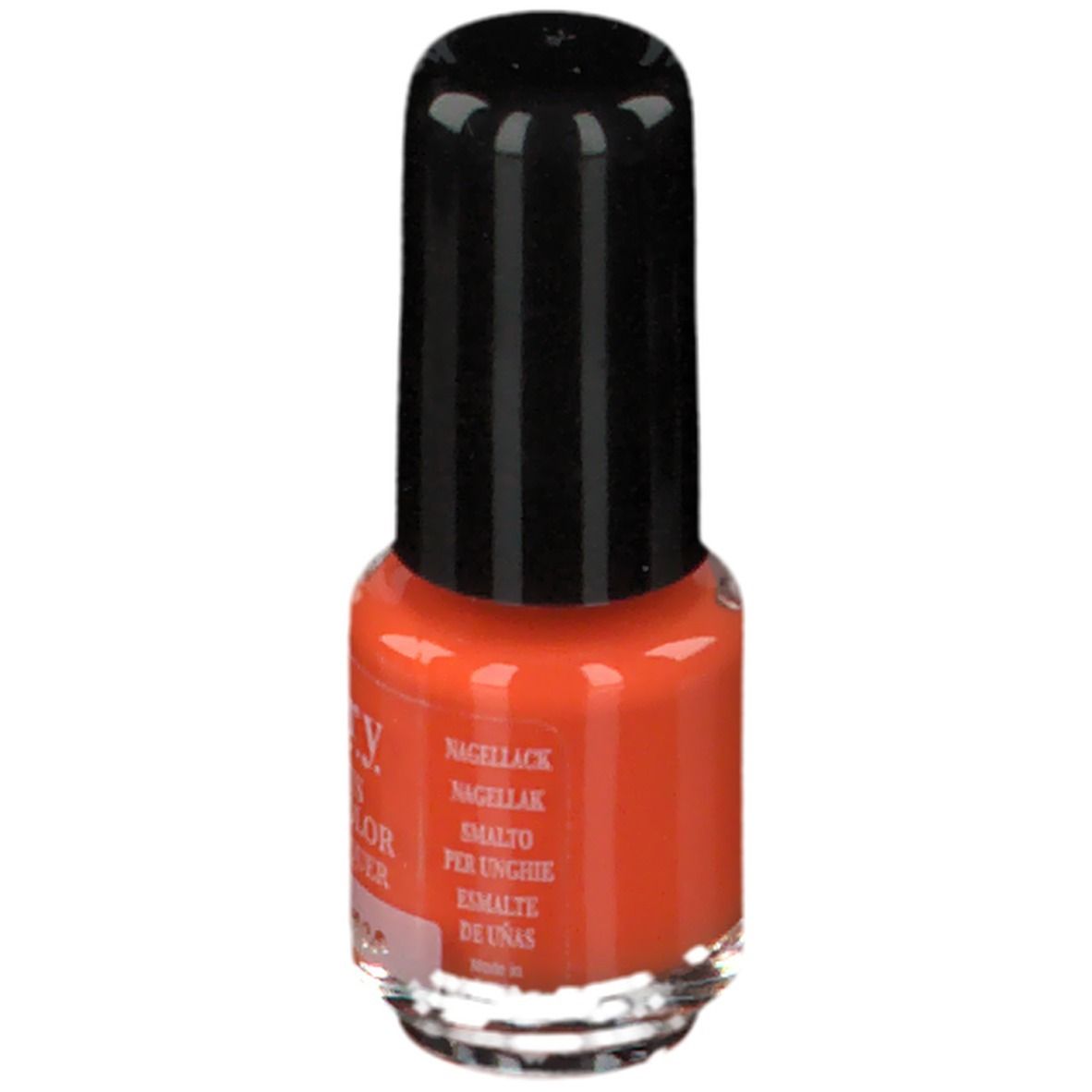 Flacon de vernis à ongles orange. Bouchon noir, base transparente. Inscriptions: Vitry, vernis à ongles, smalto.