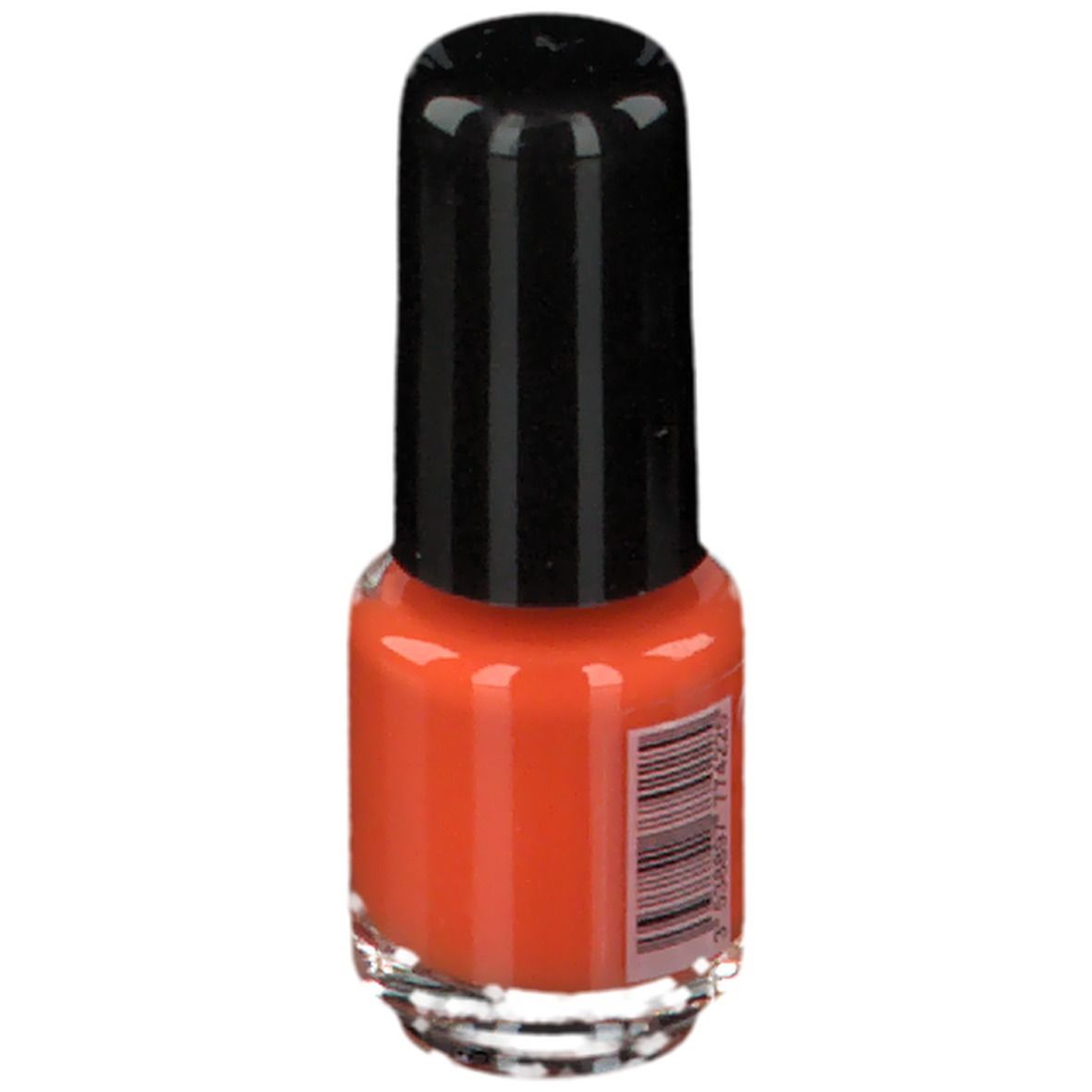 Flacon de vernis à ongles orange. Bouchon noir, base transparente. Code-barres au dos.