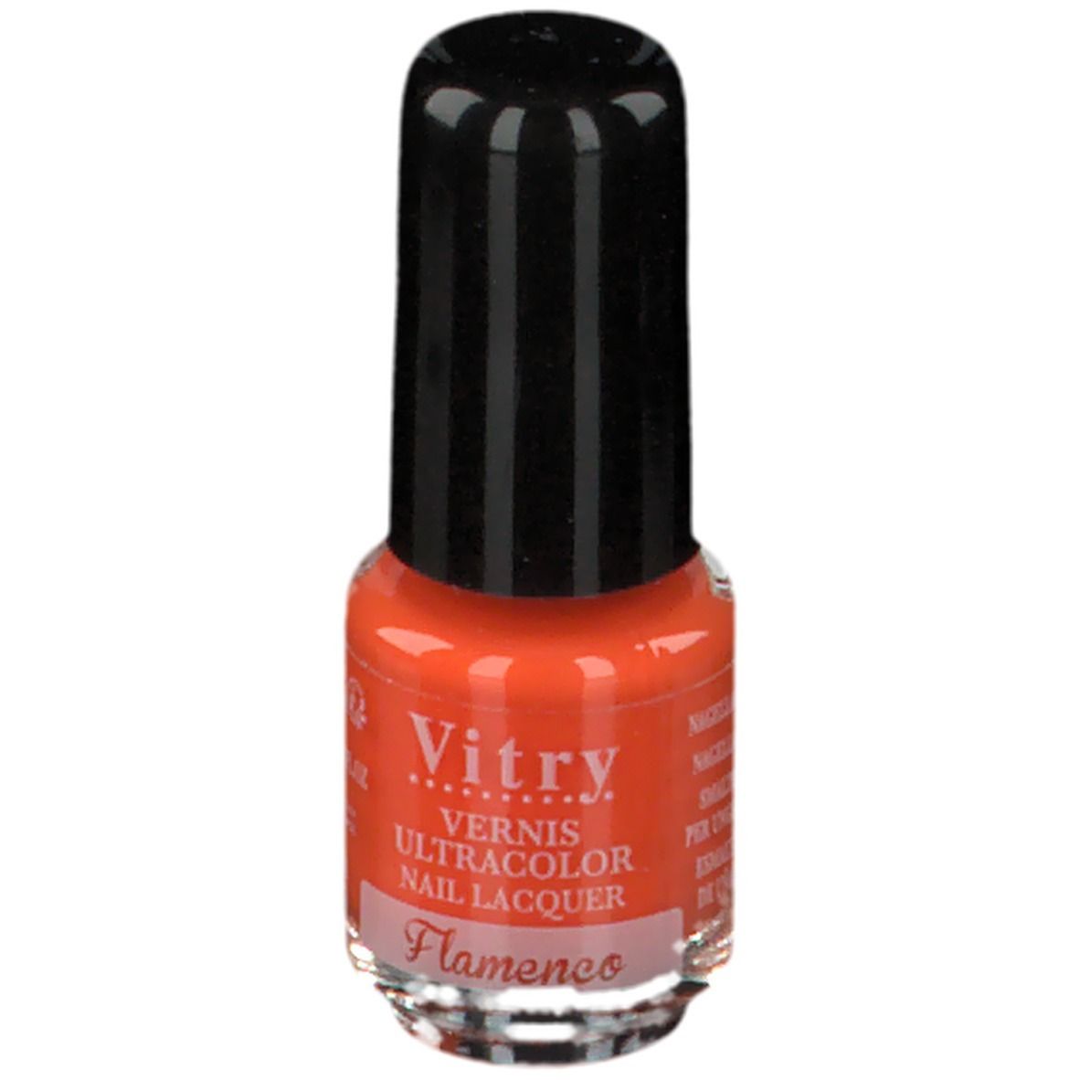 Flacon de vernis à ongles orange. Bouchon noir, base transparente. Inscriptions: Vitry, Flamenco.