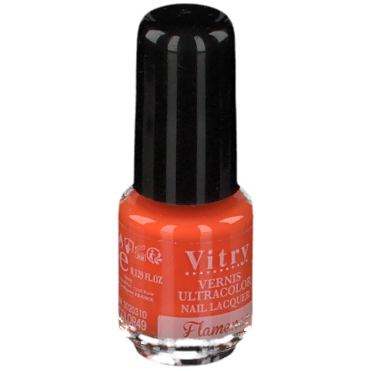 Flacon de vernis à ongles orange. Bouchon noir, base transparente. Inscriptions: Vitry, 4 ml, Flamenco.