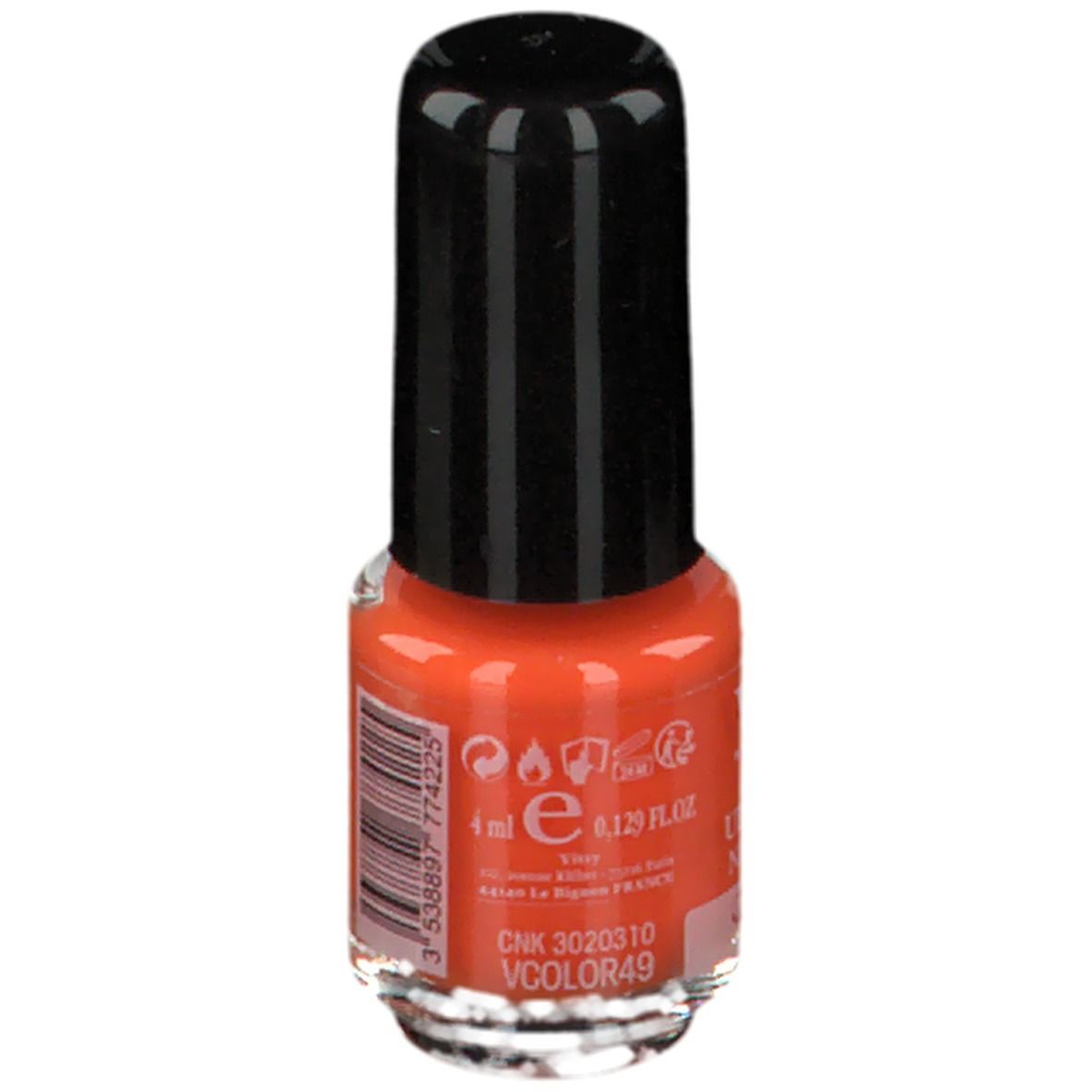 Flacon de vernis à ongles orange. Bouchon noir, base transparente. Inscriptions: Vitry, 4 ml, VCOLOR49.