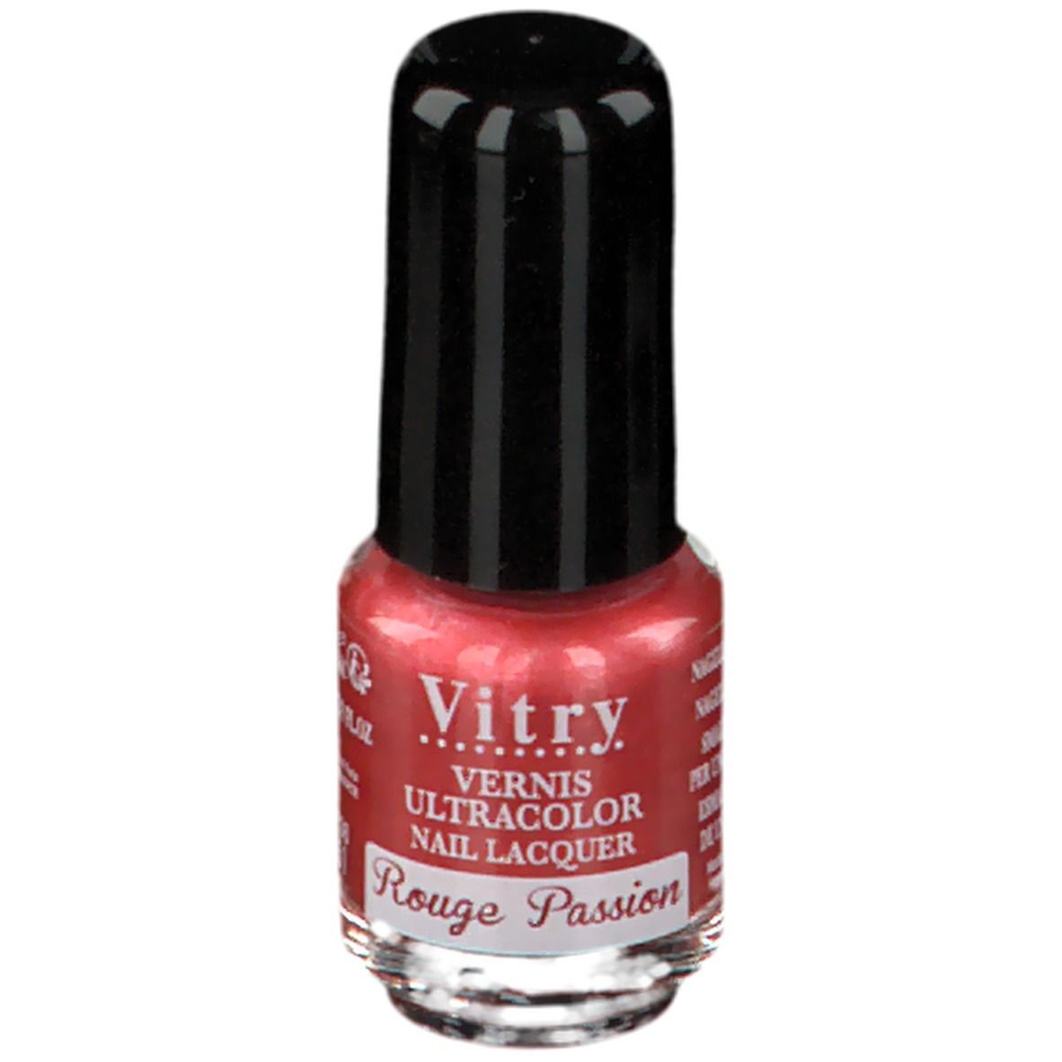 Flacon de vernis à ongles rouge. Bouchon noir. Inscription: Vitry, Vernis, Rouge Passion.