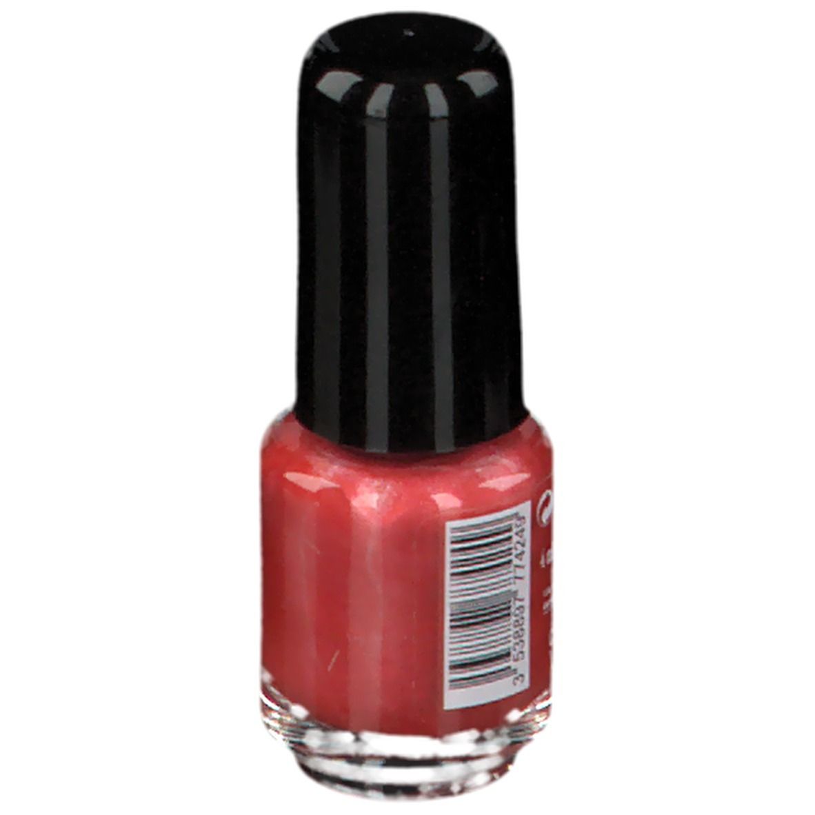 Flacon de vernis à ongles rouge. Bouchon noir. Code-barres et informations produit.