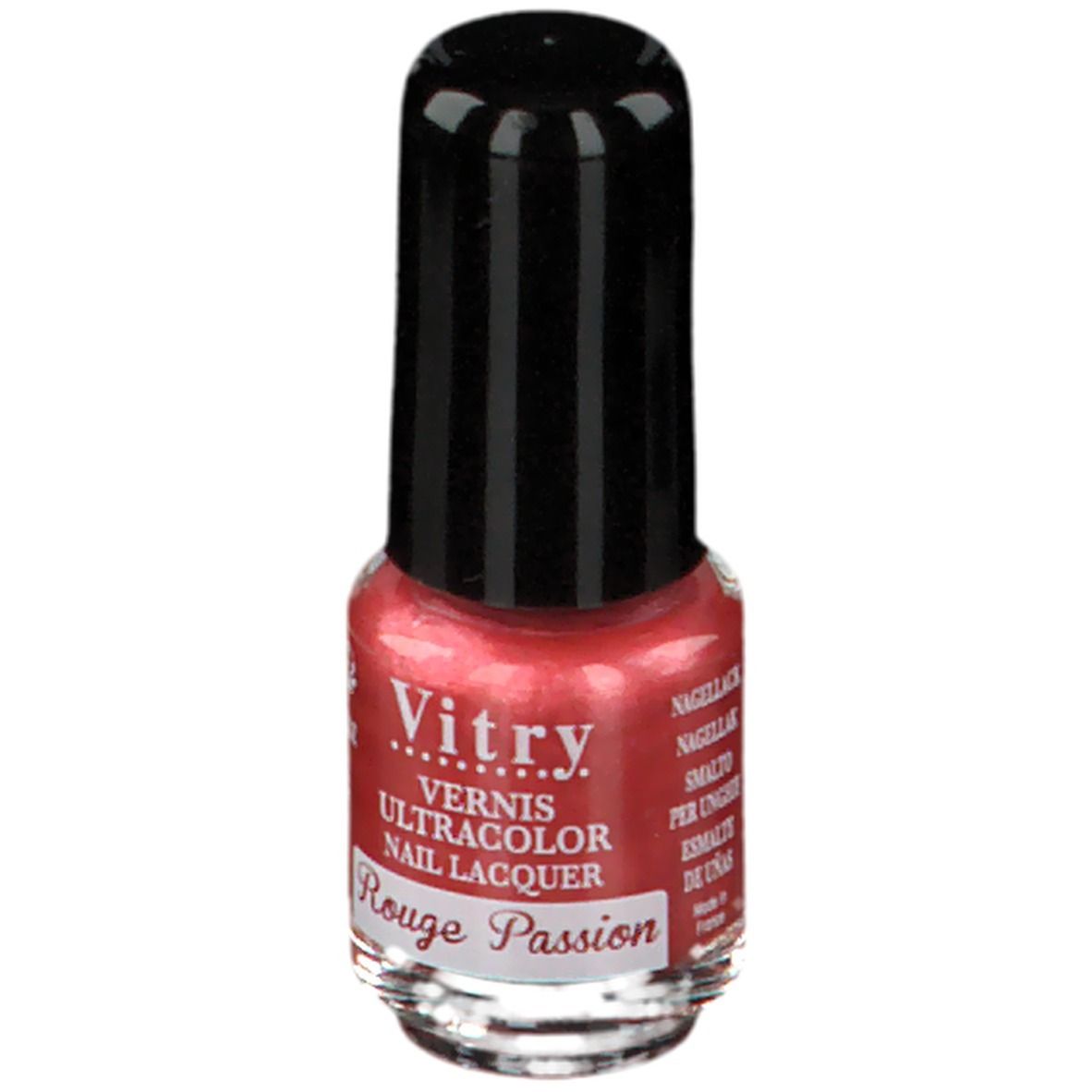 Flacon de vernis à ongles rouge. Bouchon noir. Inscription: Vitry, Vernis, Rouge Passion.