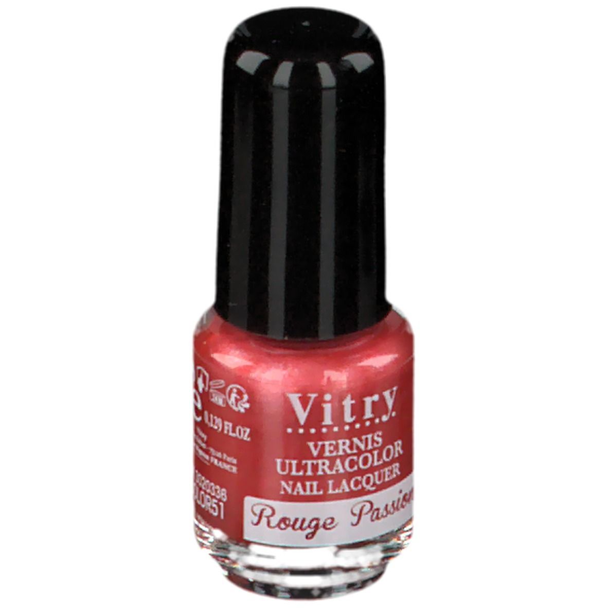 Flacon de vernis à ongles rouge. Bouchon noir. Inscription: Vitry, Vernis, Rouge Passion, 4 ml.