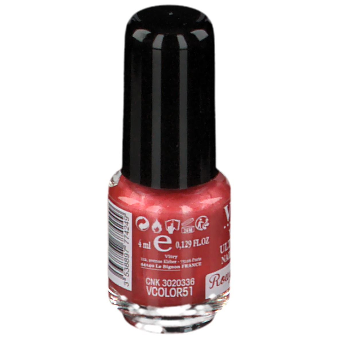 Flacon de vernis à ongles rouge. Bouchon noir. Inscription: Vitry, 4 ml, VCOLOR51, Rouge Passion.
