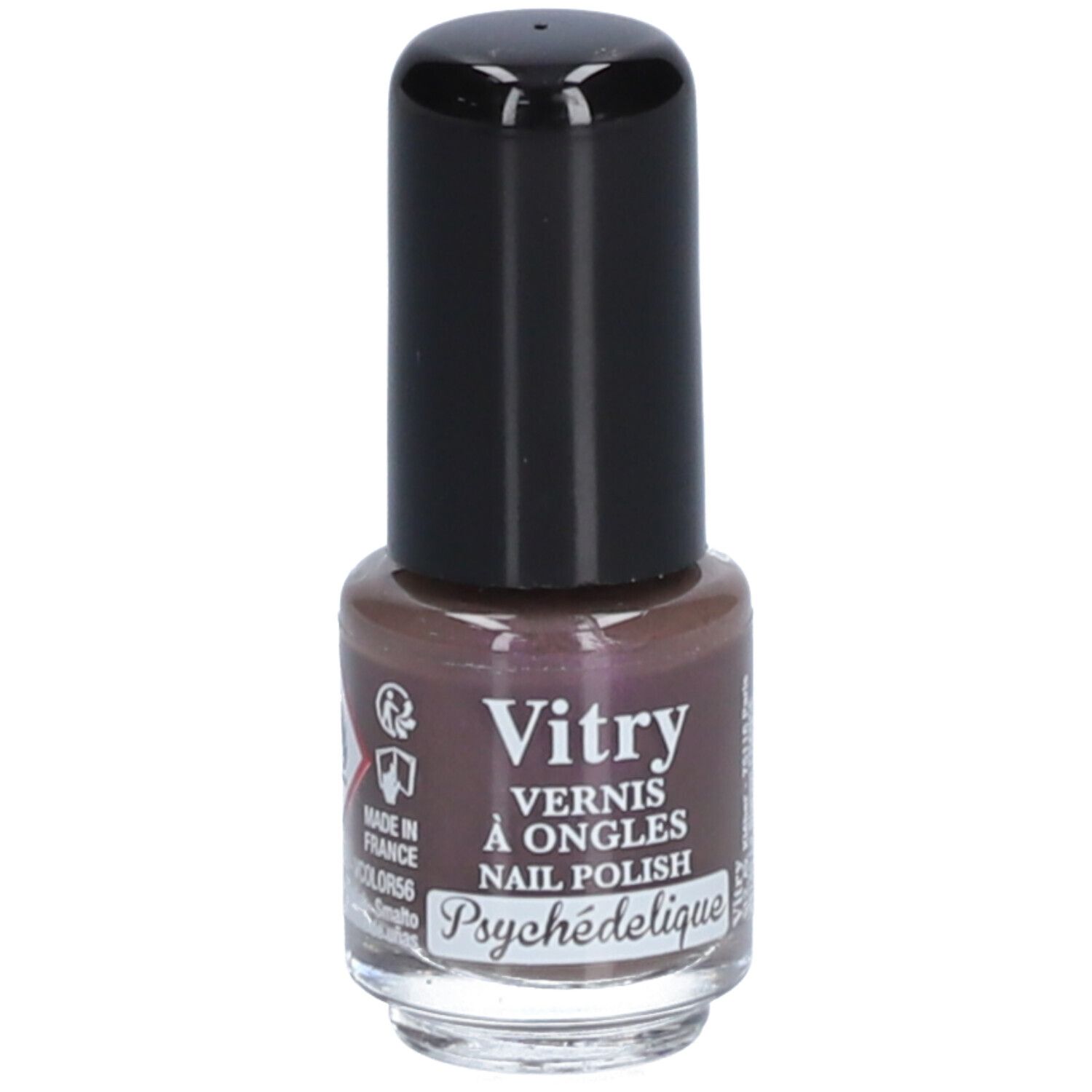 Nagellackflasche mit schwarzem Deckel. Aufschrift: Vitry, Vernis à Ongles, Nail Polish, Psychédélique. Logo.
