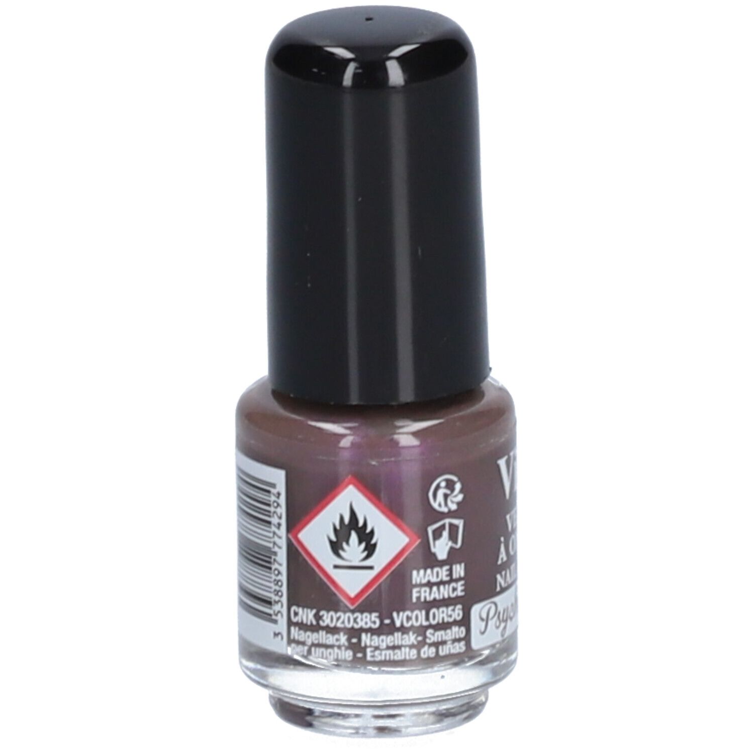 Nagellackflasche mit schwarzem Deckel. Aufschrift: Vitry, Vernis à Ongles, Nail Polish, Psychédélique. Gefahrensymbol.