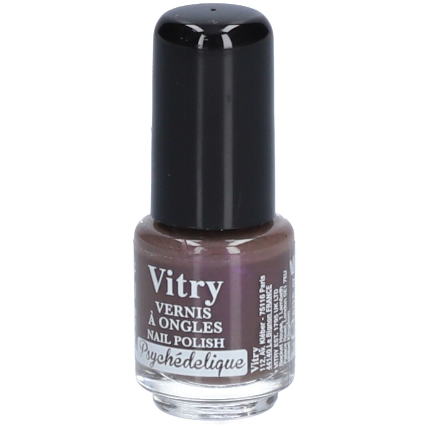 Nagellackflasche mit schwarzem Deckel. Aufschrift: Vitry, Vernis à Ongles, Nail Polish, Psychédélique. Adresse.