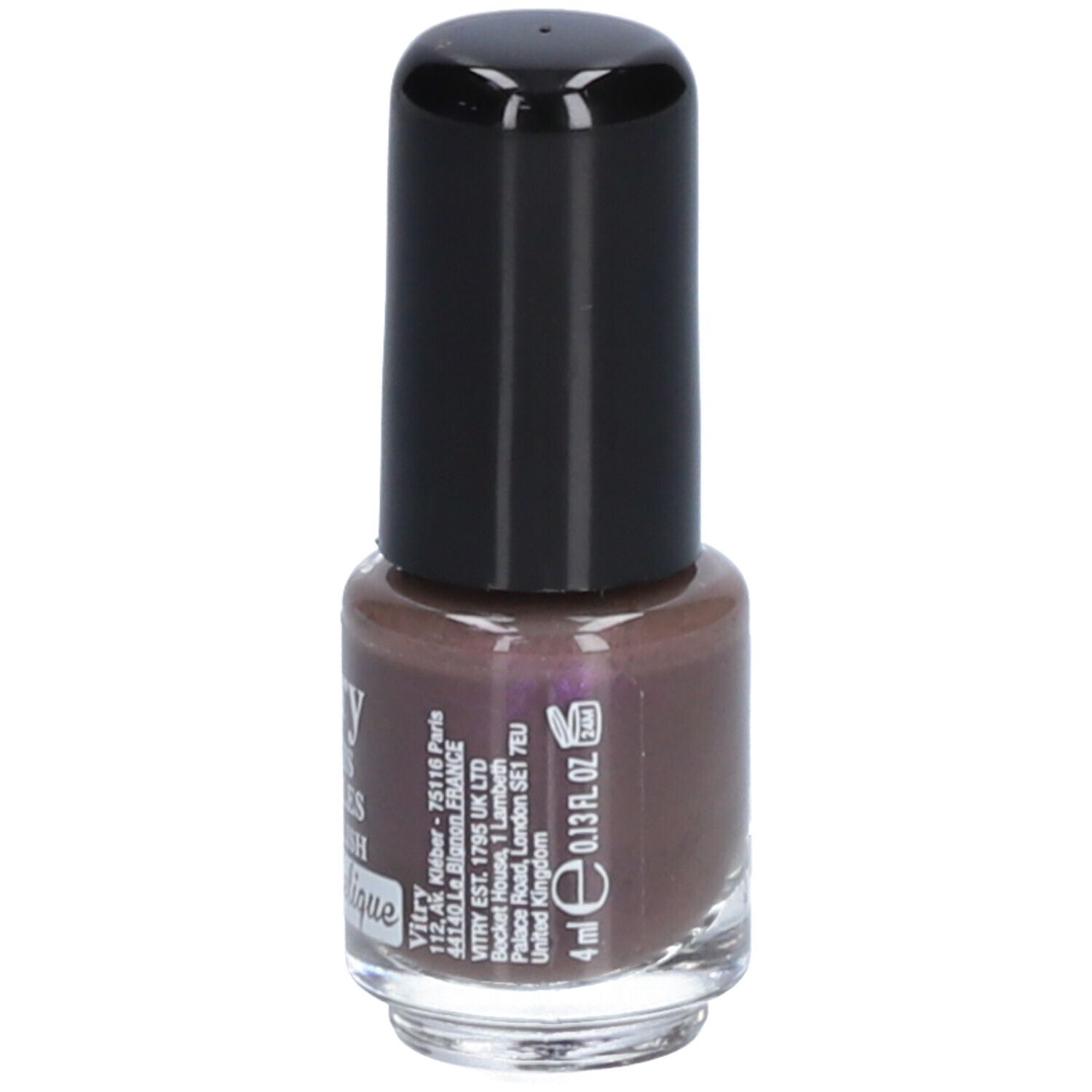 Nagellackflasche mit schwarzem Deckel. Aufschrift: Vitry, Vernis à Ongles, Nail Polish, Psychédélique. Volumen: 4 ml.