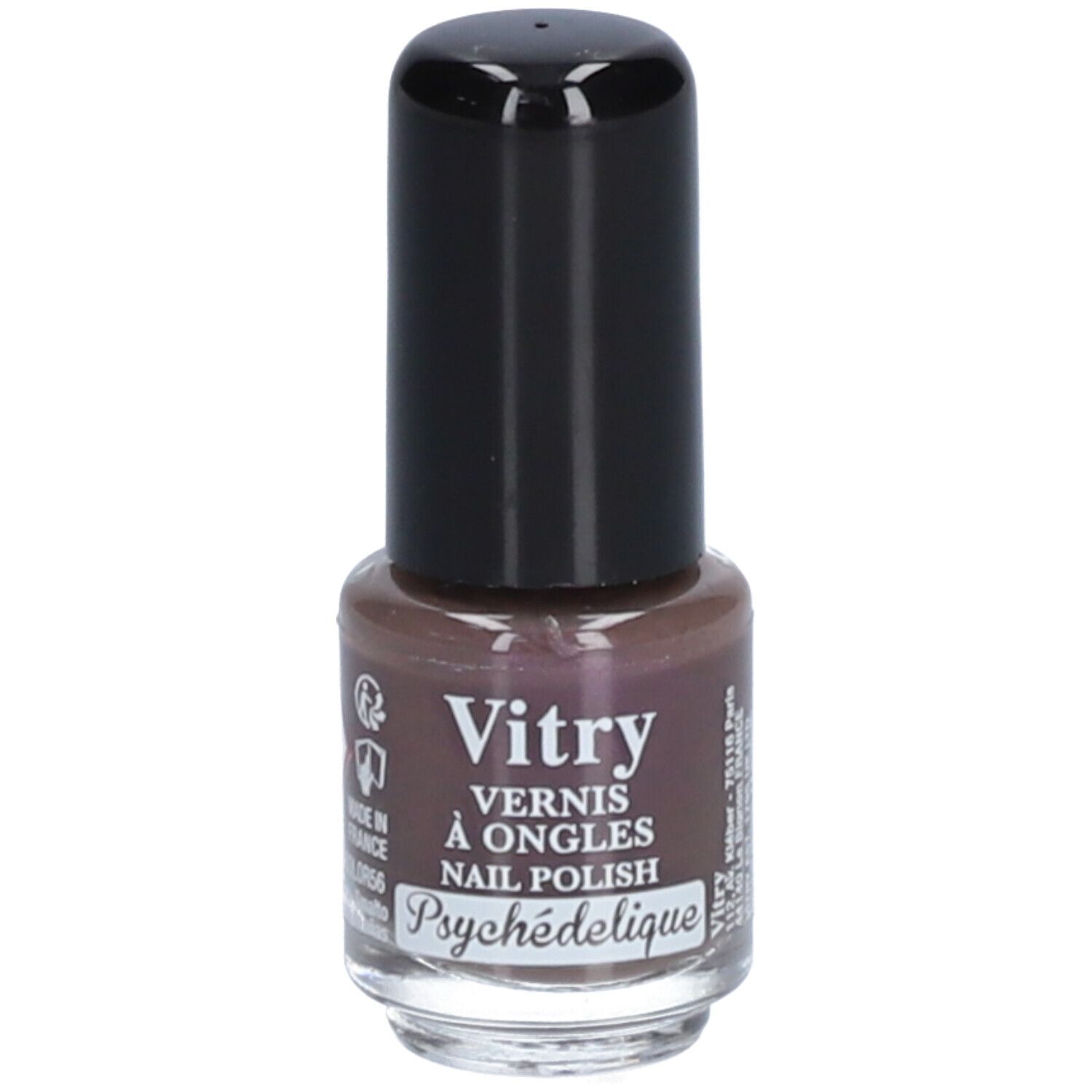Nagellackflasche mit schwarzem Deckel. Aufschrift: Vitry, Vernis à Ongles, Nail Polish, Psychédélique.