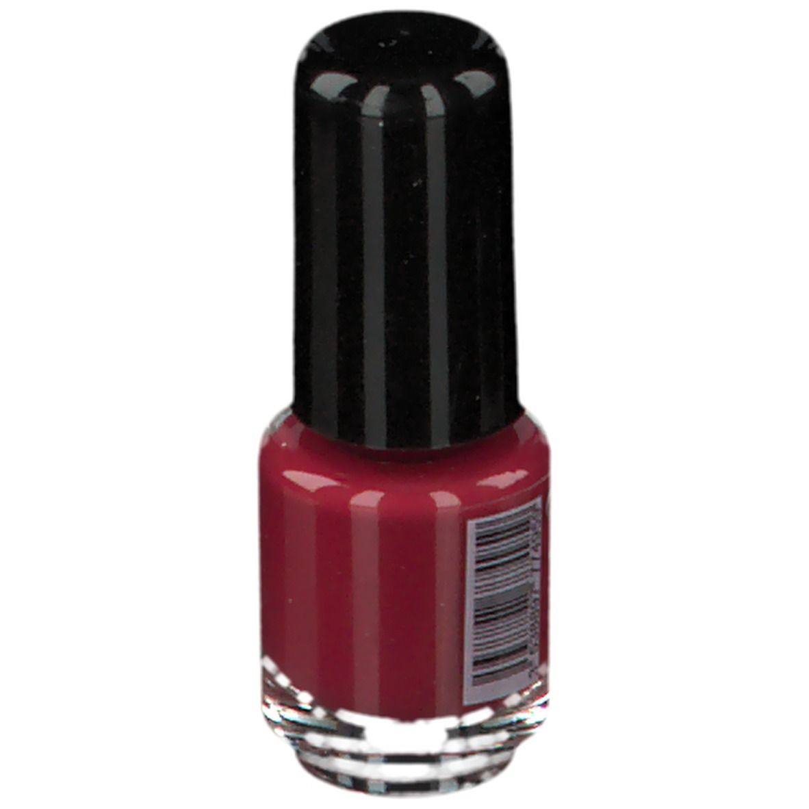 Nagellackflasche, rot. Schwarzer Deckel. Barcode auf der Rückseite.