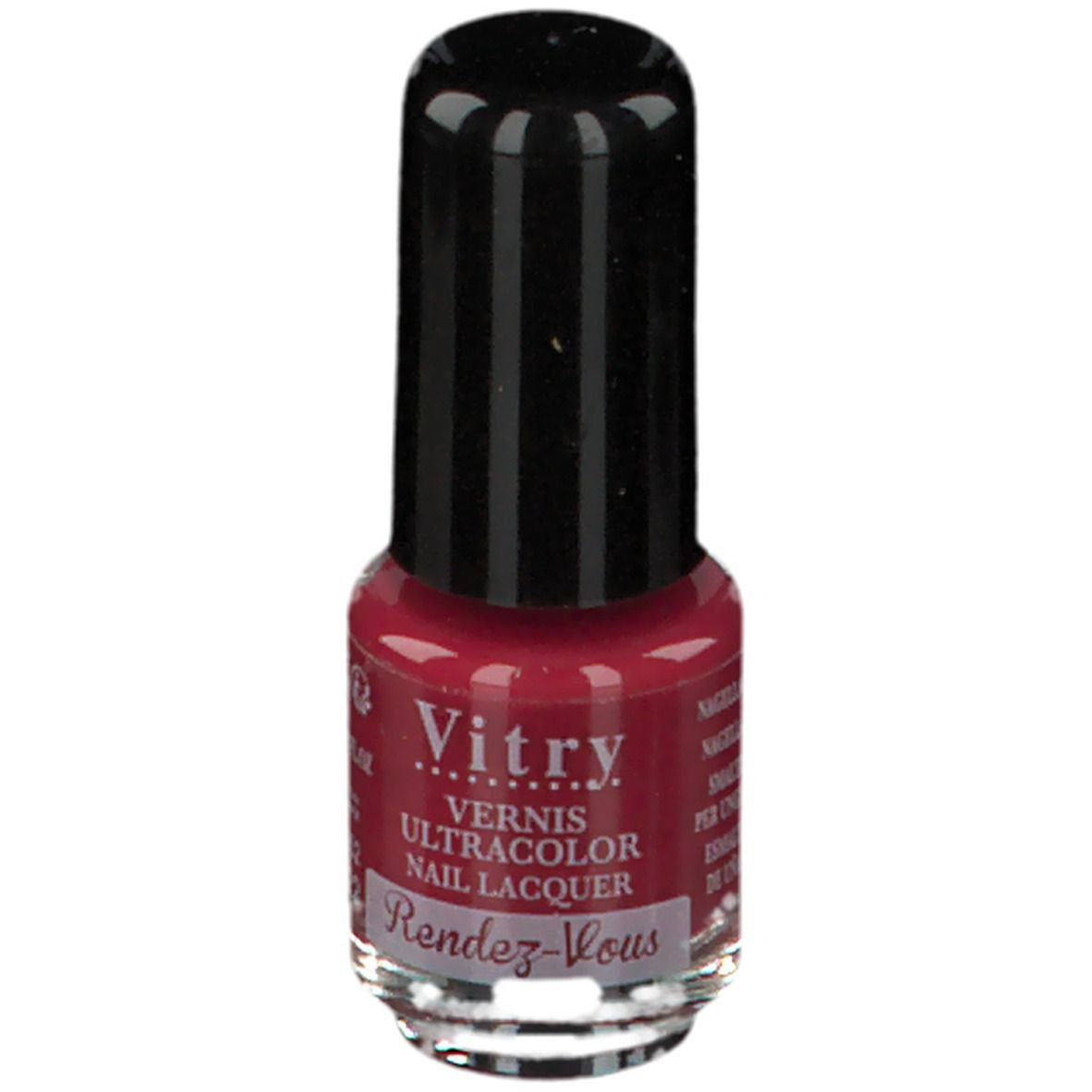 Nagellackflasche, rot. Schwarzer Deckel. Aufschrift: Vitry, Rendez-vous, Nagellack.